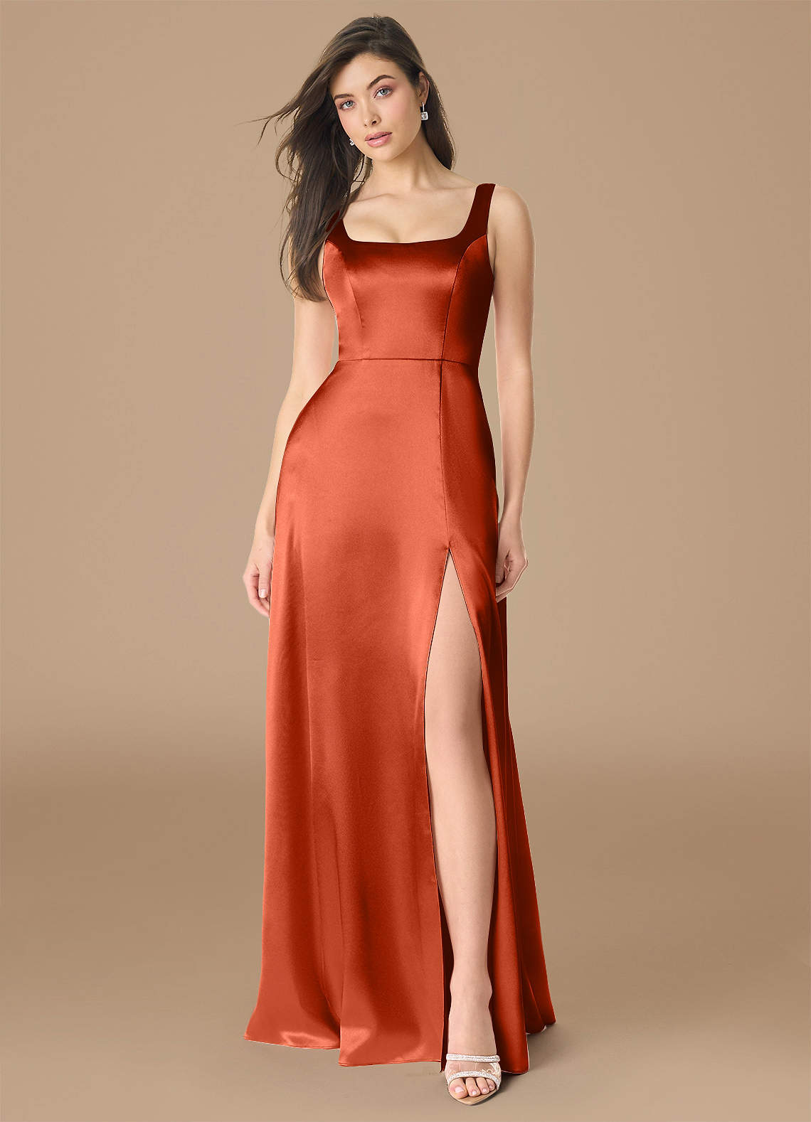 Azazie Joyce Bridesmaid Dresses Paprika A-Line Side Slit Metallic Satin Dress image1