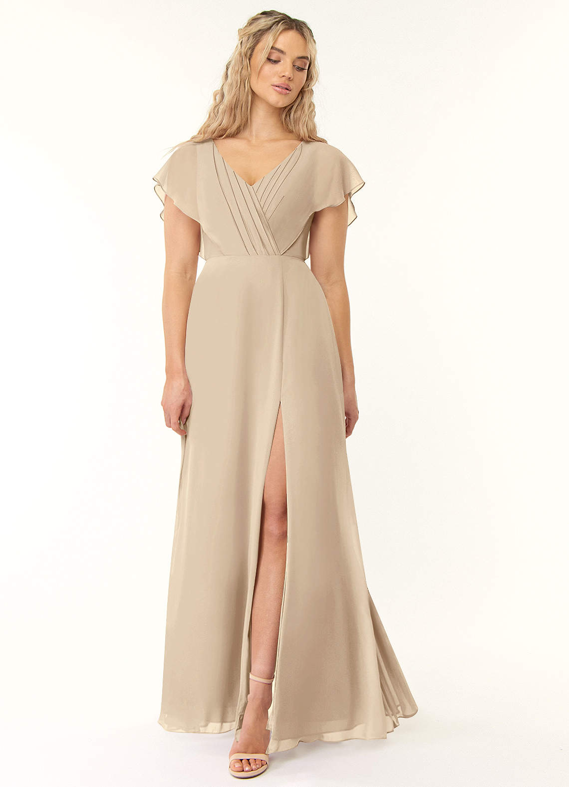 Azazie Rylee Bridesmaid Dresses Champagne A-Line Pleated Chiffon Dress image1