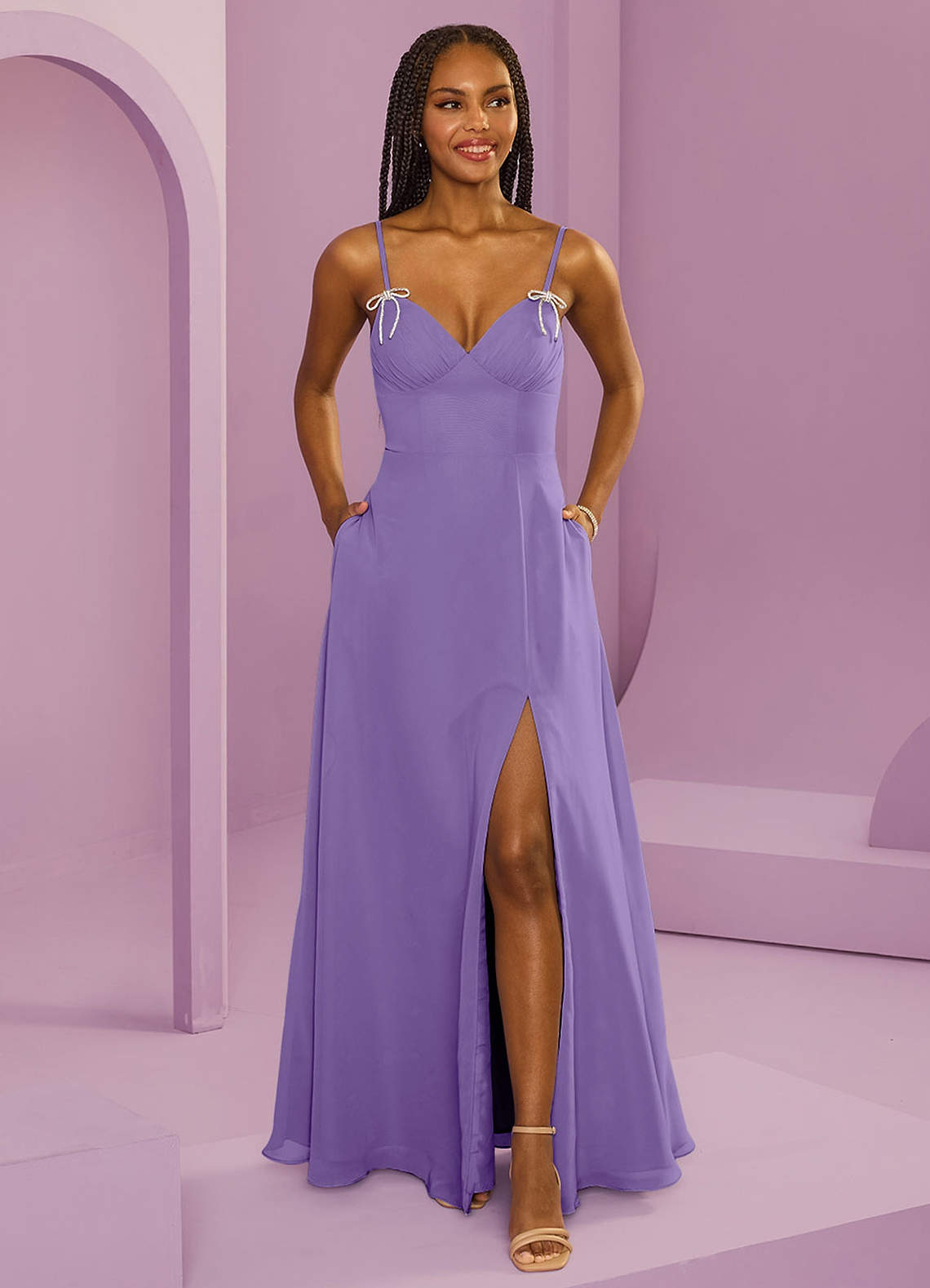 Barbie ♥ Azazie Robes de demoiselle d'honneur Robe Trapèze en Mousseline de soie avec poches Tahiti image1