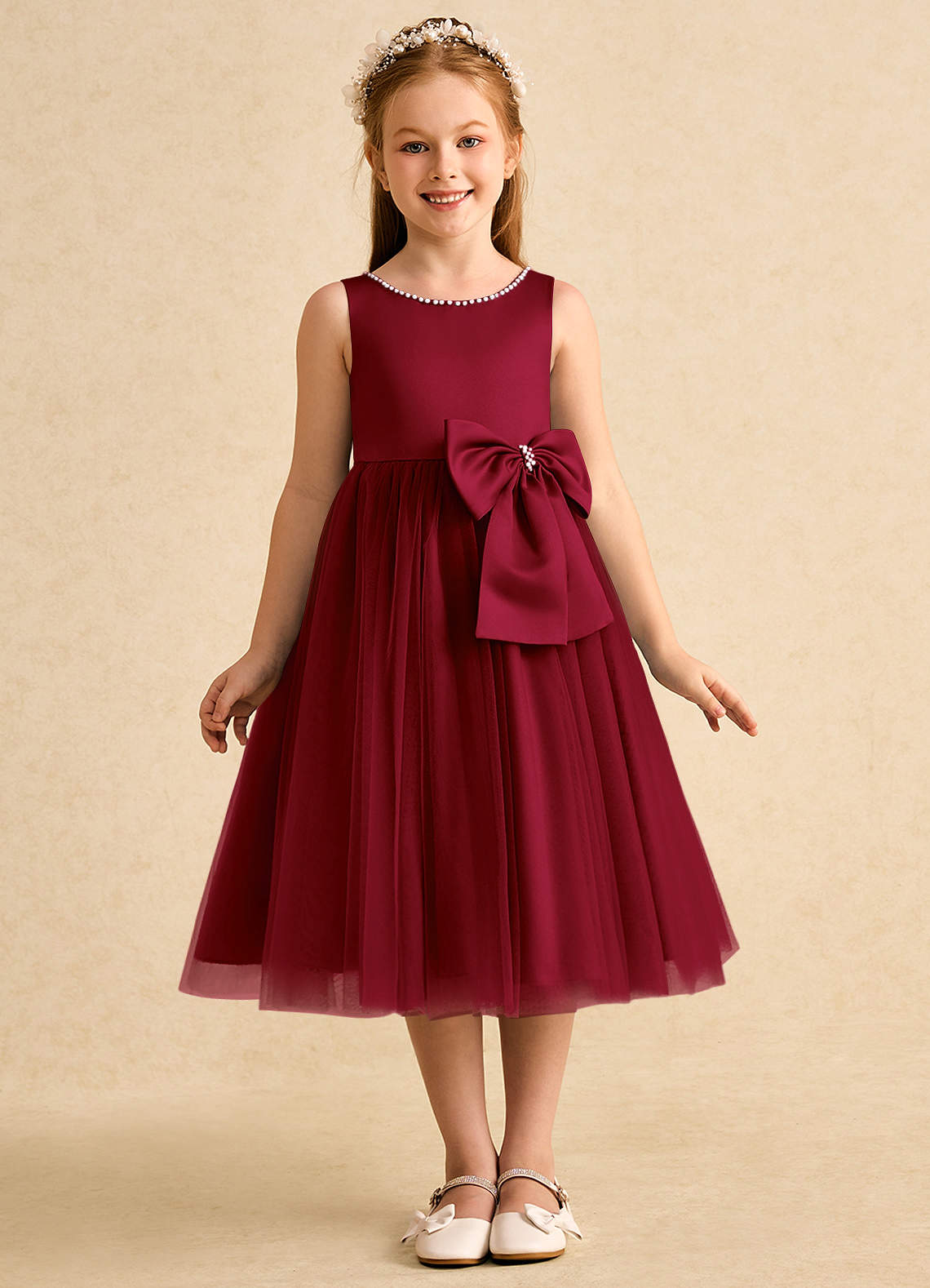 Azazie Twinsie Flower Girl Dresses Burgundy A-Line Bow Tulle Dress image1