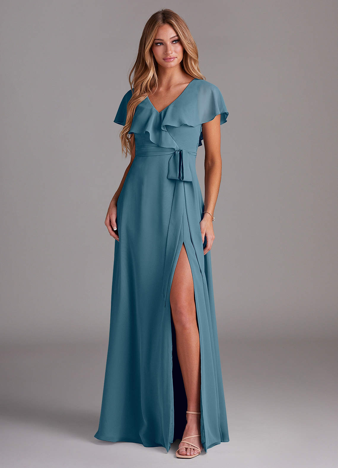 Azazie Lainey At-home Try On Dresses Dusty Sage A-Line with Pockets Chiffon Dress image2