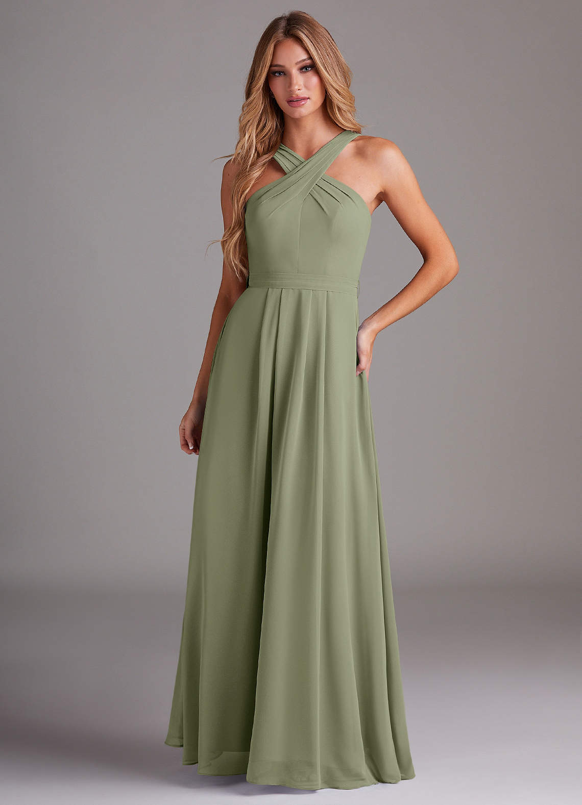 Azazie Dixie At-home Try On Dresses Agave A-Line Halter Pleated Chiffon Dress image1