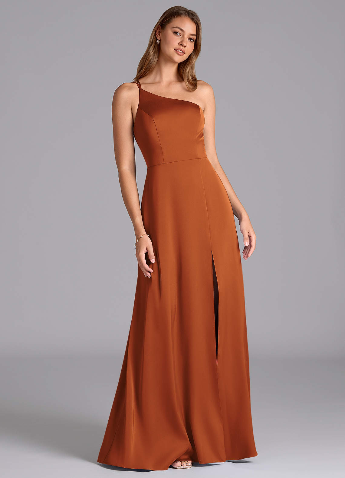 Azazie Trina Bridesmaid Dresses Cinnamon A-Line One Shoulder Stretch Satin Dress image1