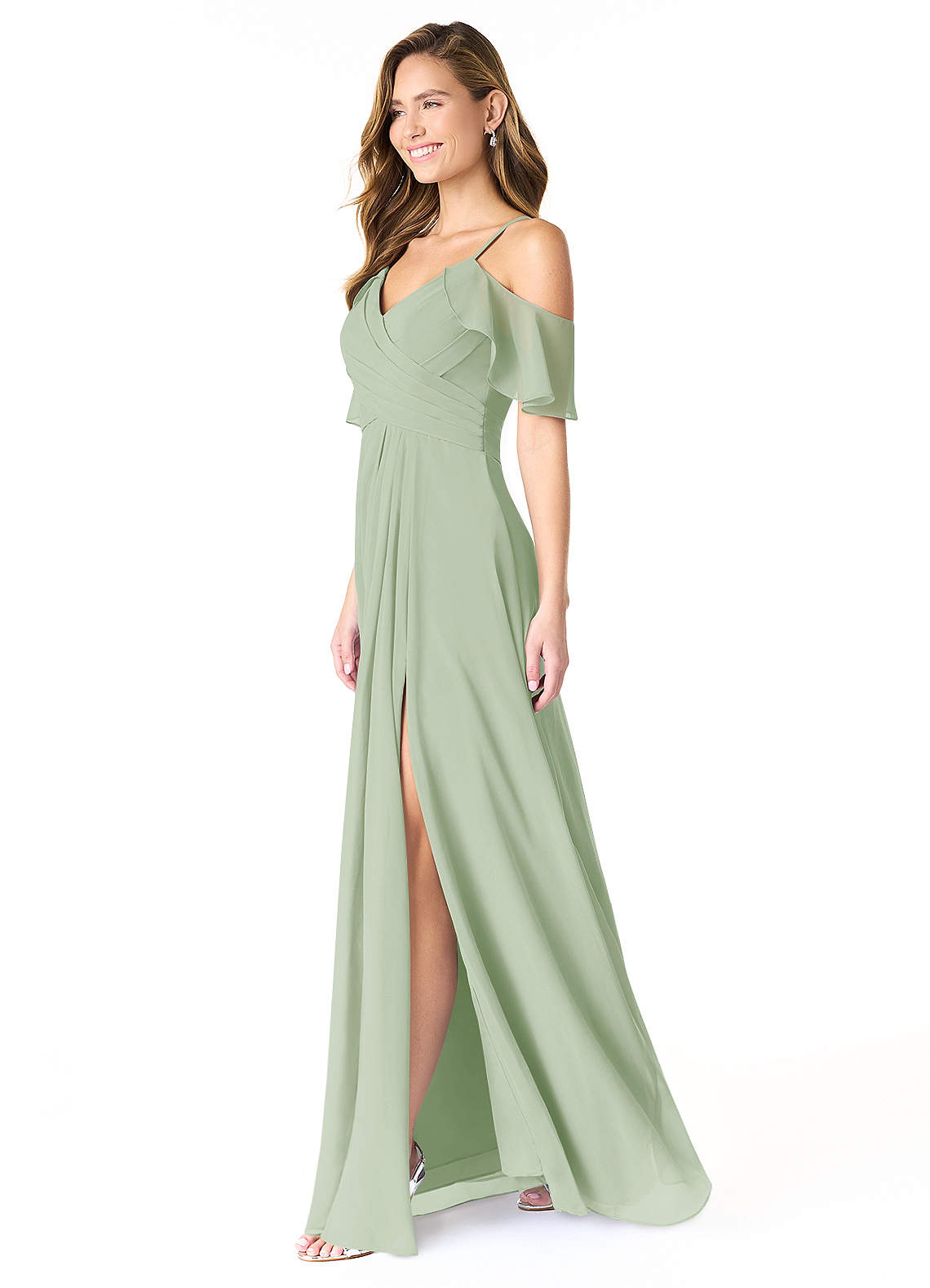 Azazie Dakota At-home Try On Dresses Dusty Sage A-Line V-Neck Pleated Chiffon Dress image2