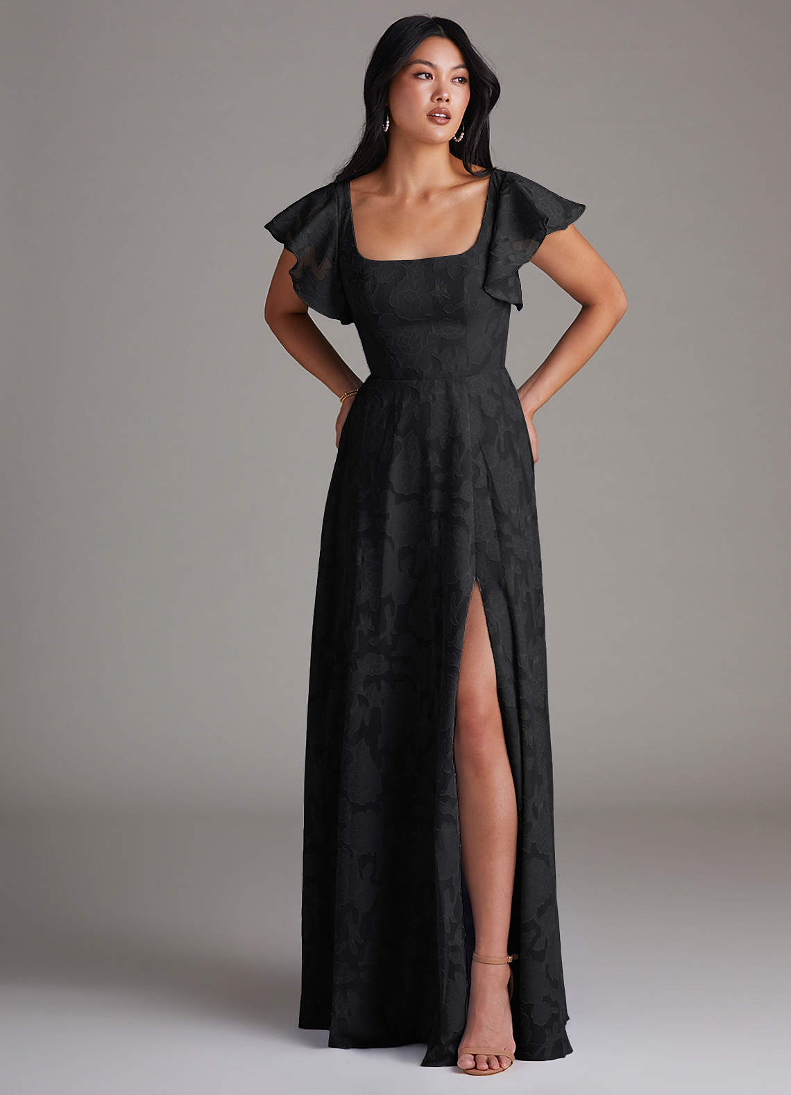 Azazie Bondi Bridesmaid Dresses Black A-Line Side Slit Floral Burnout Dress image3