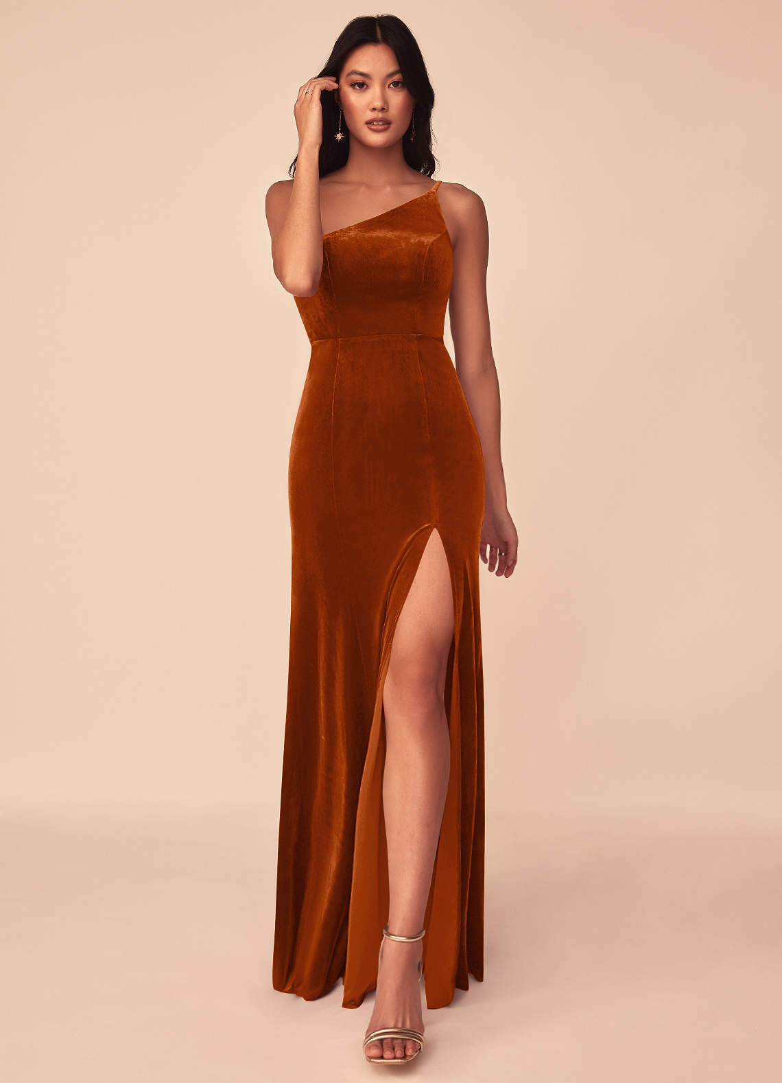 Azazie Kala Bridesmaid Dresses Burnt Orange A-Line One Shoulder Velvet Dress image1