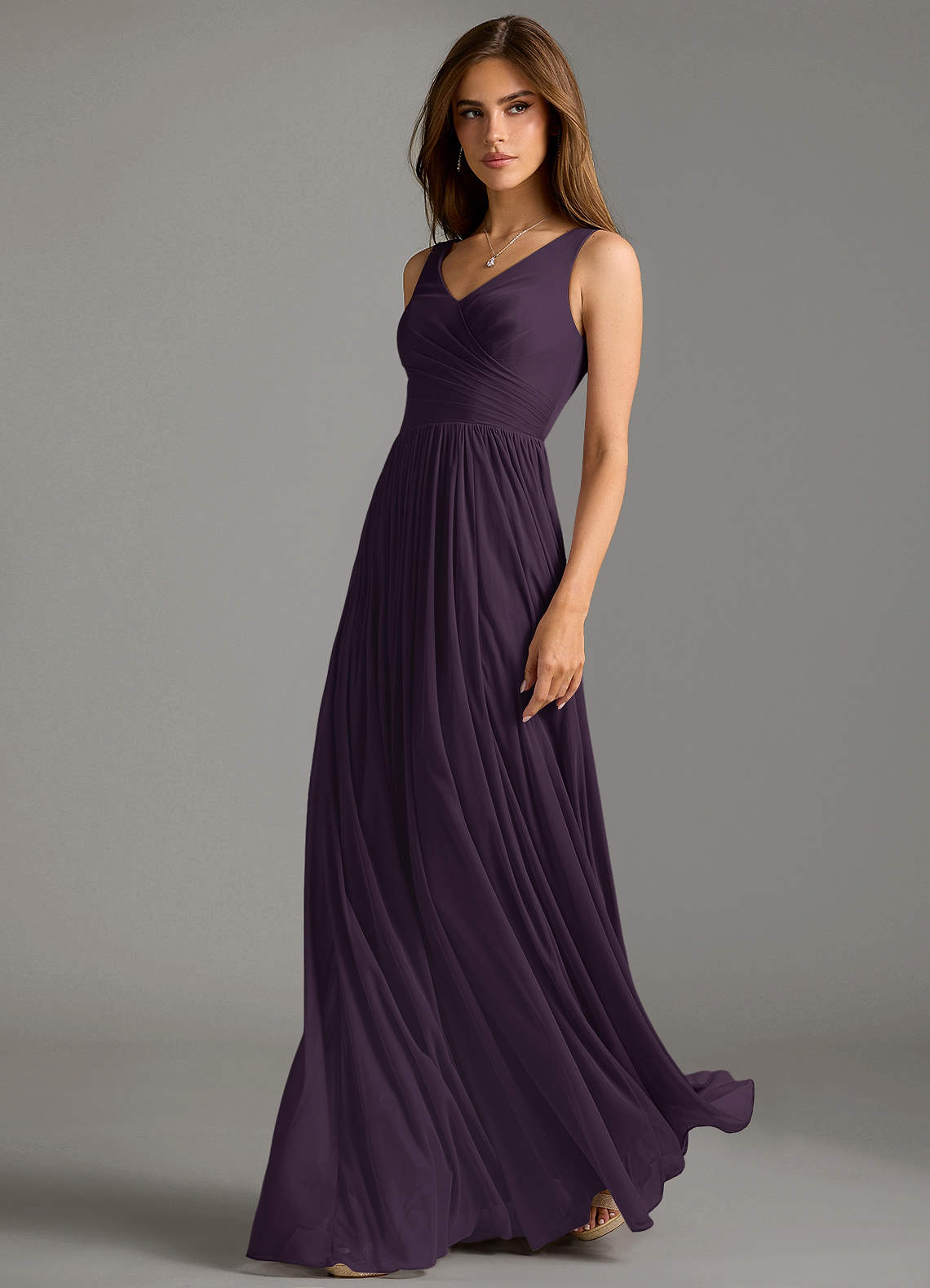 Azazie Keyla Bridesmaid Dresses Plum A-Line Pleated Mesh Dress image1