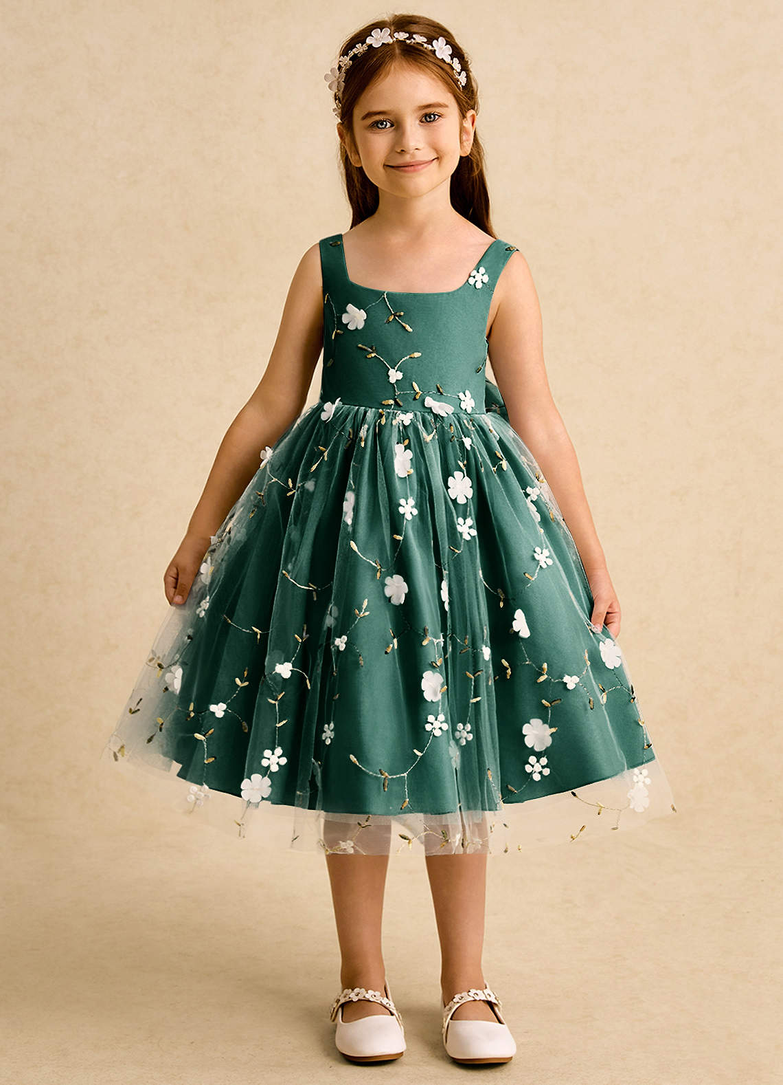 Azazie Bean Flower Girl Dresses Emerald Ball-Gown Sleeveless Tulle Dress image1