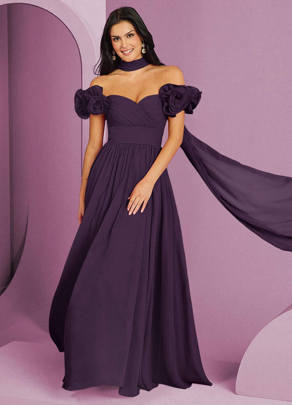 Barbie ♥ Azazie Bridesmaid Dresses Plum A-Line Off the Shoulder Chiffon Convertible Dress image1