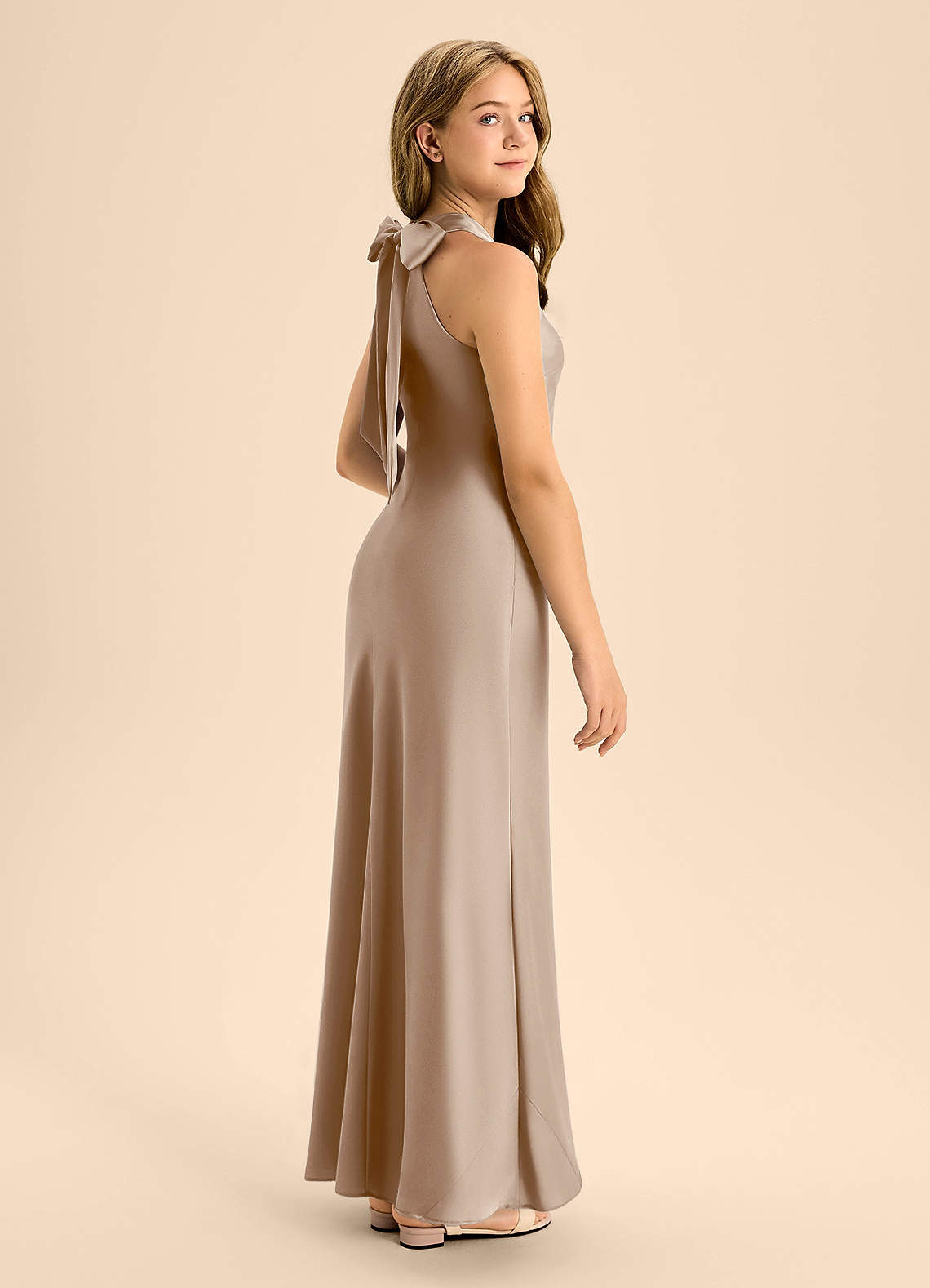 Azazie A-Line/Princess Halter Neck Floor-Length Tulle Junior Bridesmaid Dresses - taupe