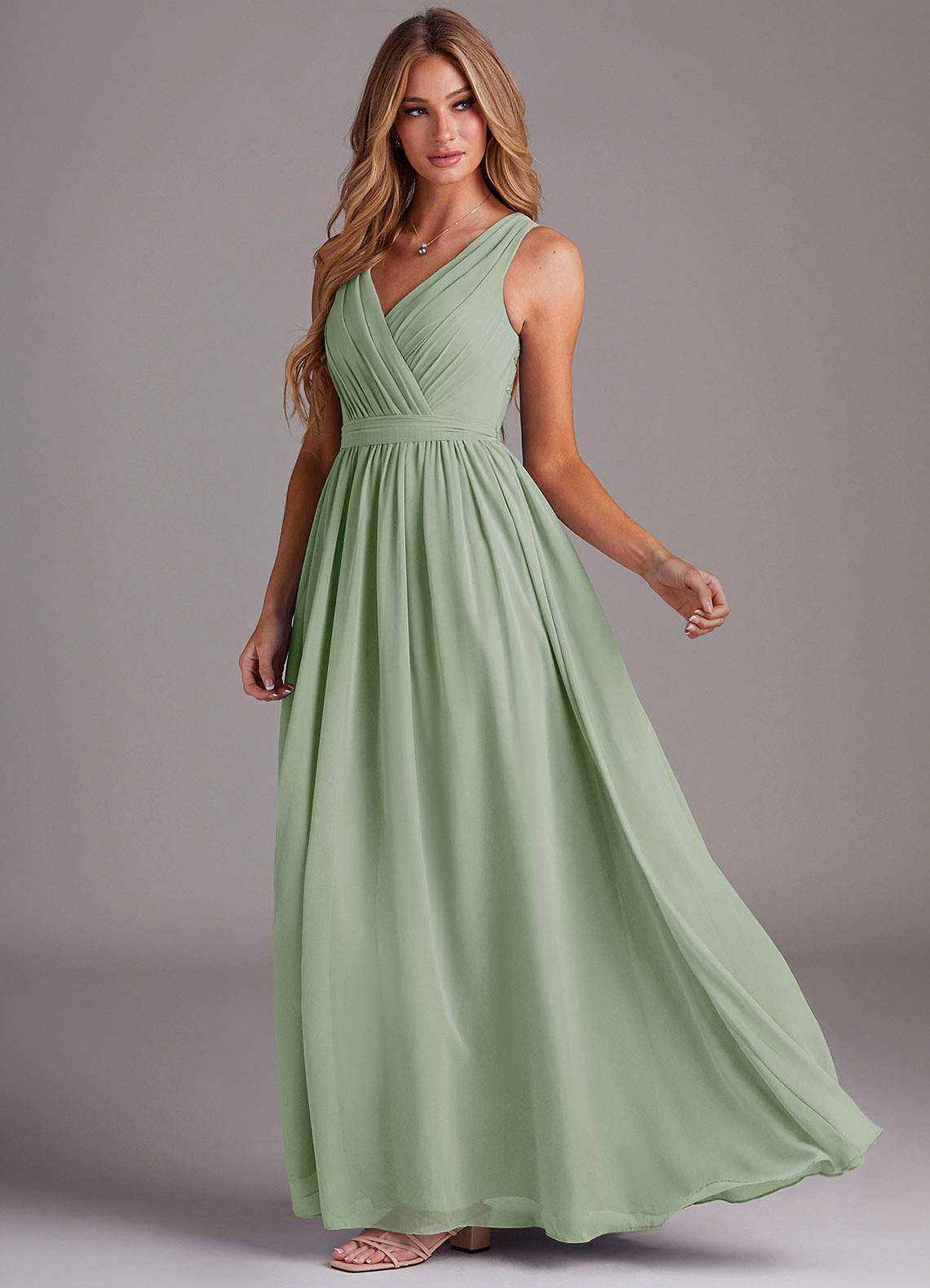 Azazie Kingsley Bridesmaid Dresses Dusty Sage A-Line Lace Chiffon Dress image3