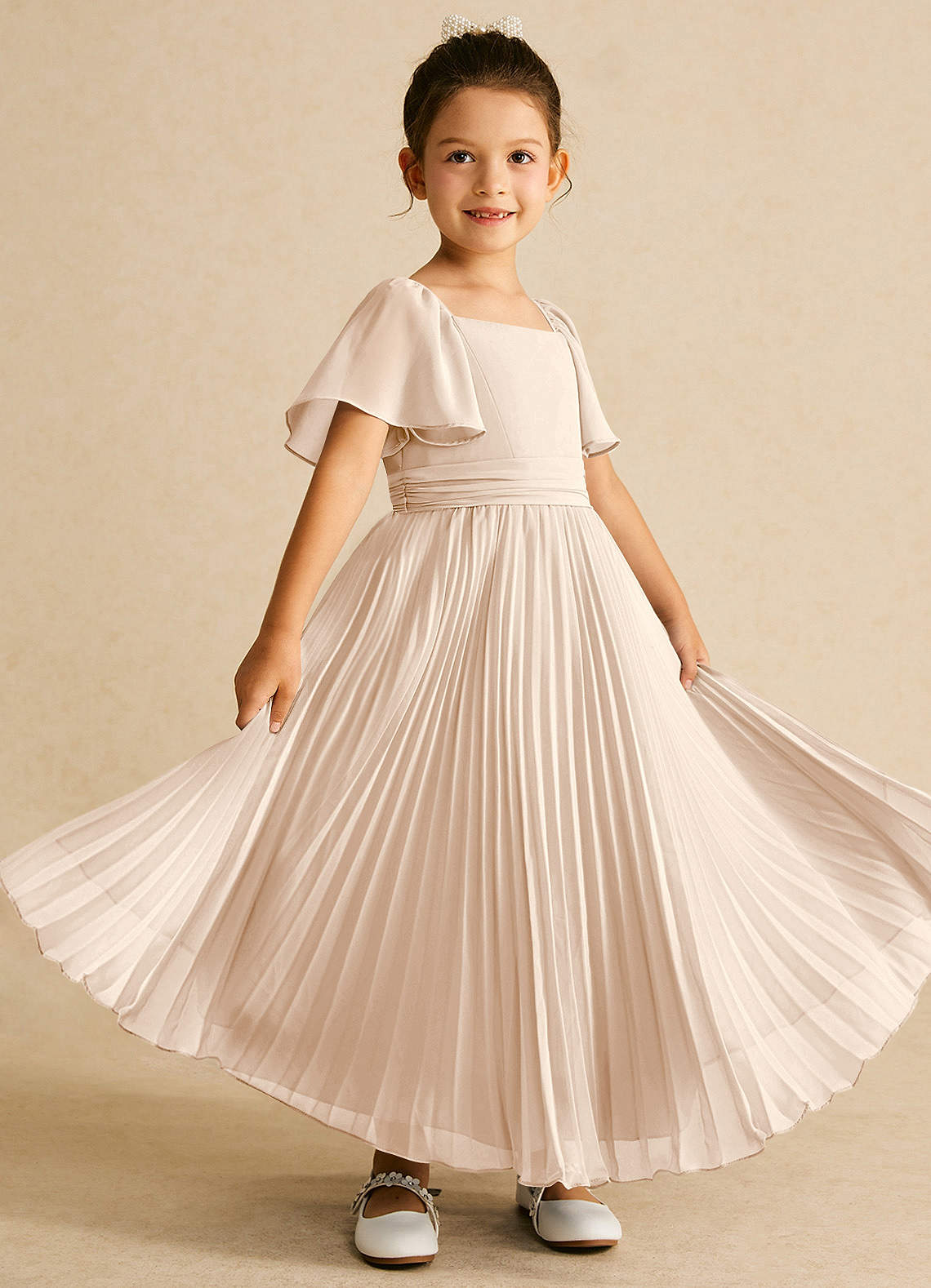 Azazie Bun Bun Flower Girl Dresses White Alabaster A-Line Pleated Chiffon Dress image1