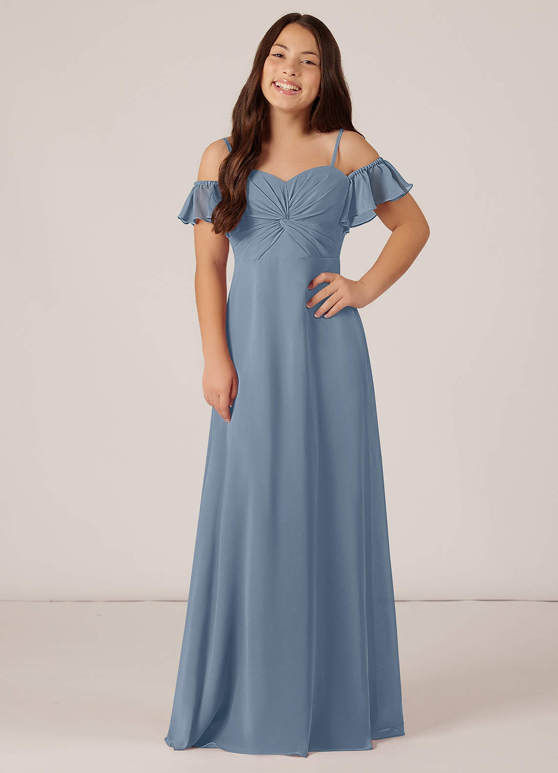 Azazie Juna Junior Dusty Blue A-Line Off the Shoulder Chiffon Dress image1