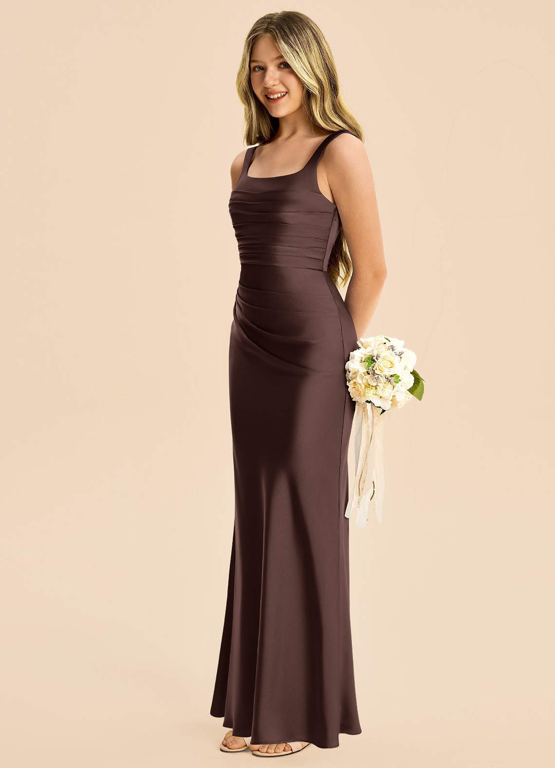 Azazie Agustina Junior Ganache Sheath Pleated Stretch Satin Dress image4