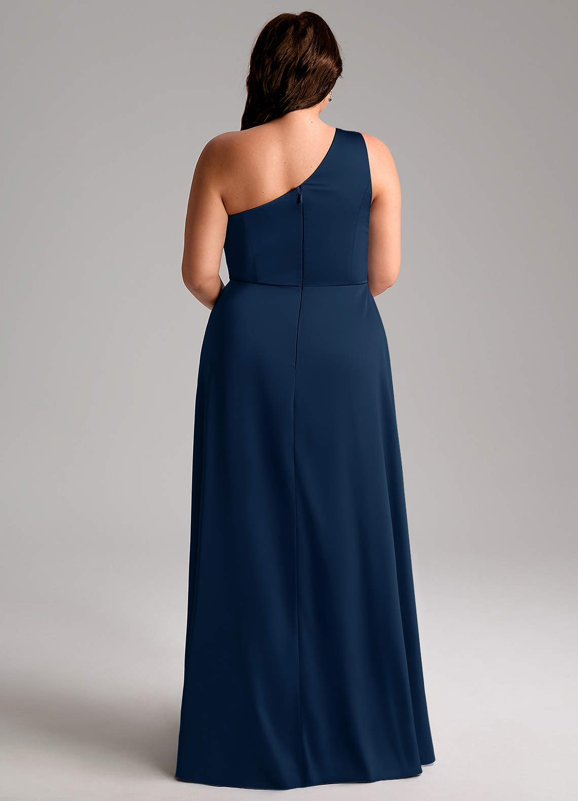 Azazie Brooke Vestidos de madrinha de casamento Vestido Azul Marinho de Cetim elástico de Linha A com Um ombro image8