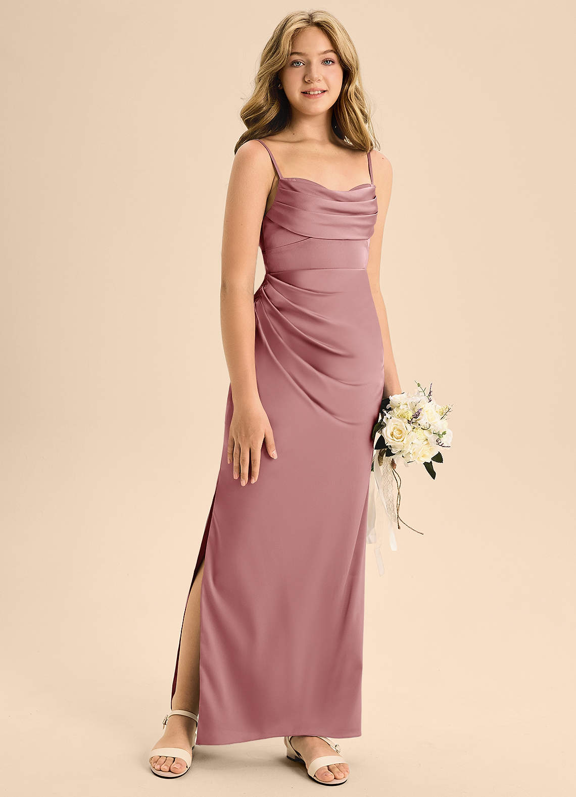 Azazie Mai Junior A-Linie Herzausschnitt Stretch-Satin Kleid Altrosa image2