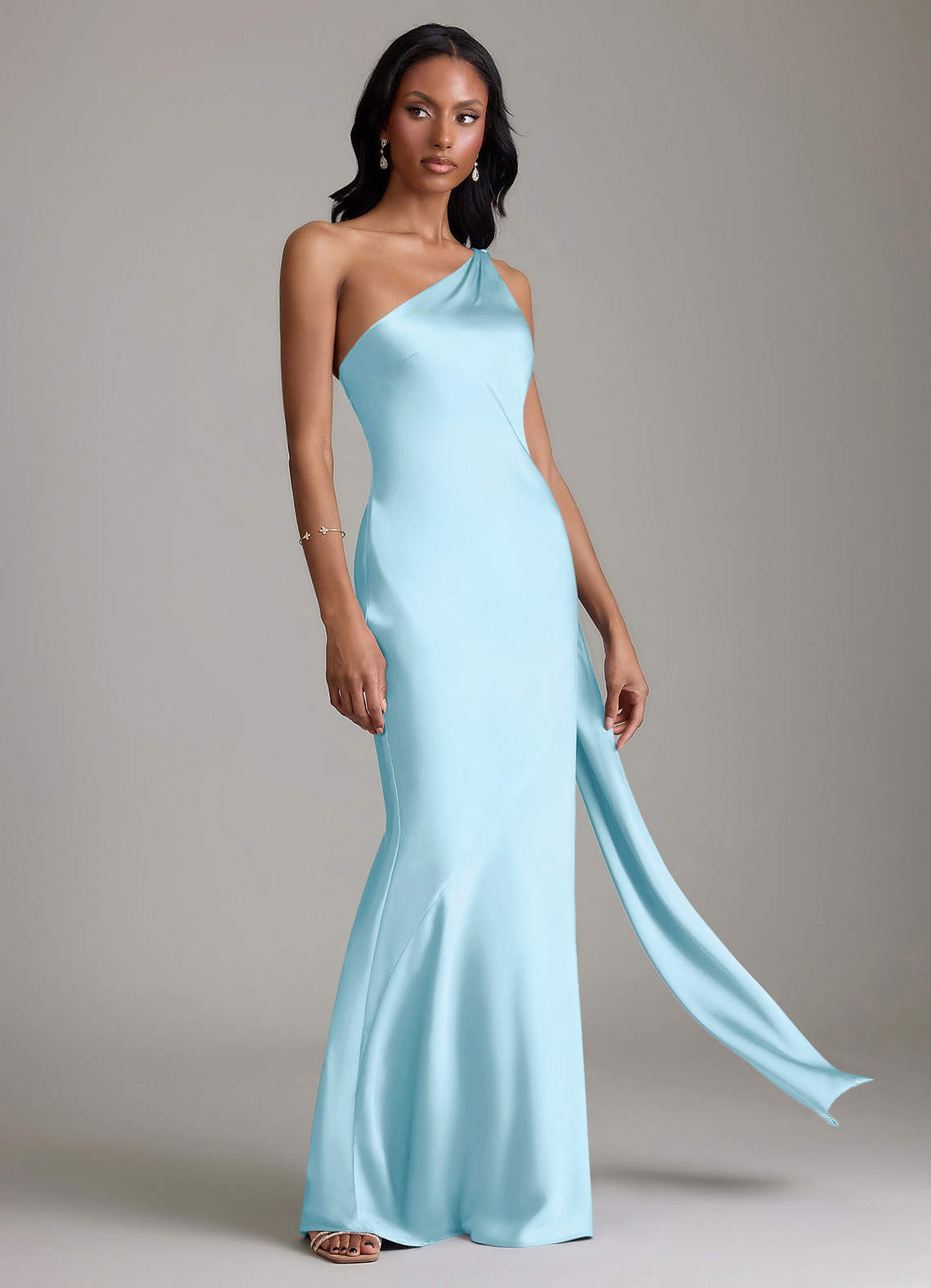 Azazie Juniper Brudtärnklänningar Klä av Sjöjungfru i Stretch Satin Ena axeln Himmelsblå image4