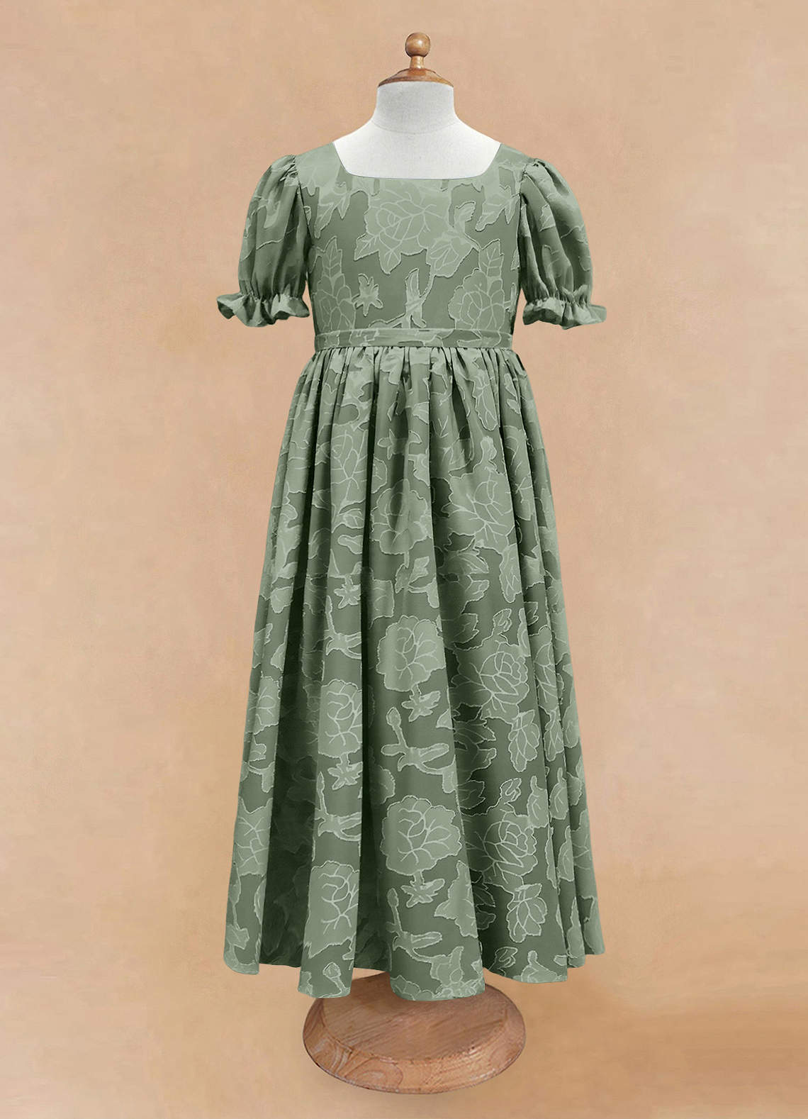 Azazie Joss Blumenmädchenkleider A-Linie mit ärmel Blumen-Burnout Kleid Matcha image3