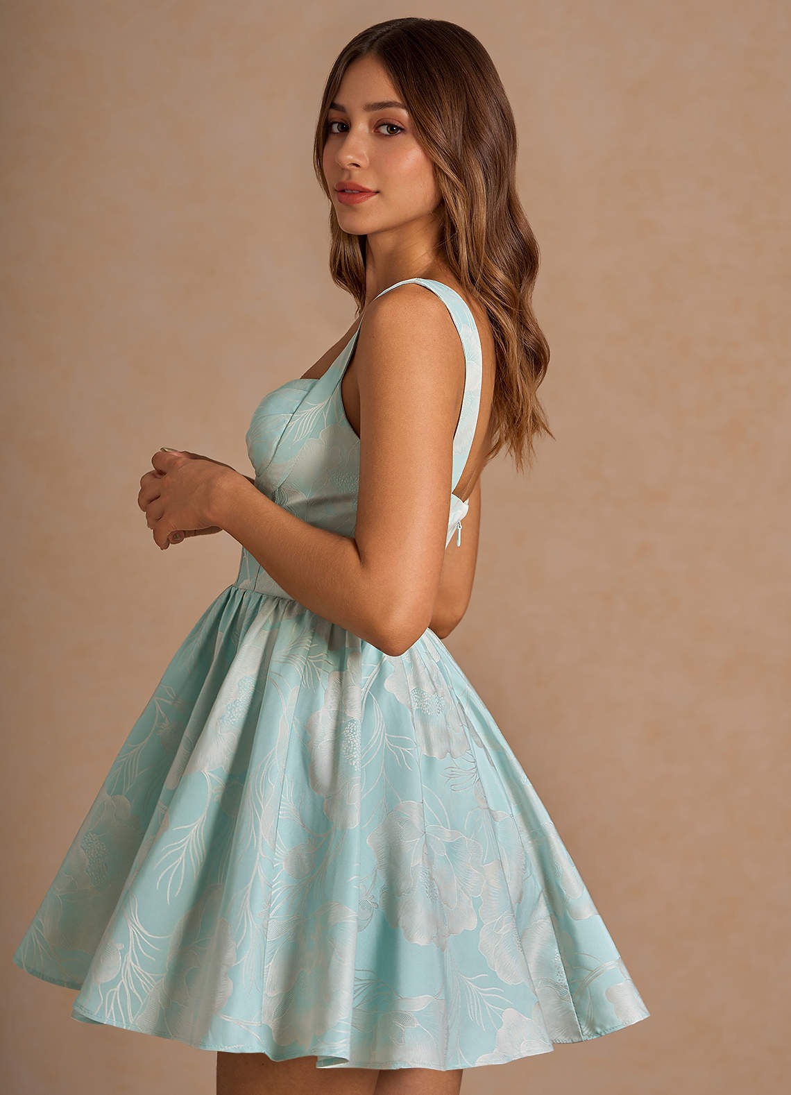 turquoise blue cocktail dress Tea-length Turquoise Glitter Dress with Open Back main image 0