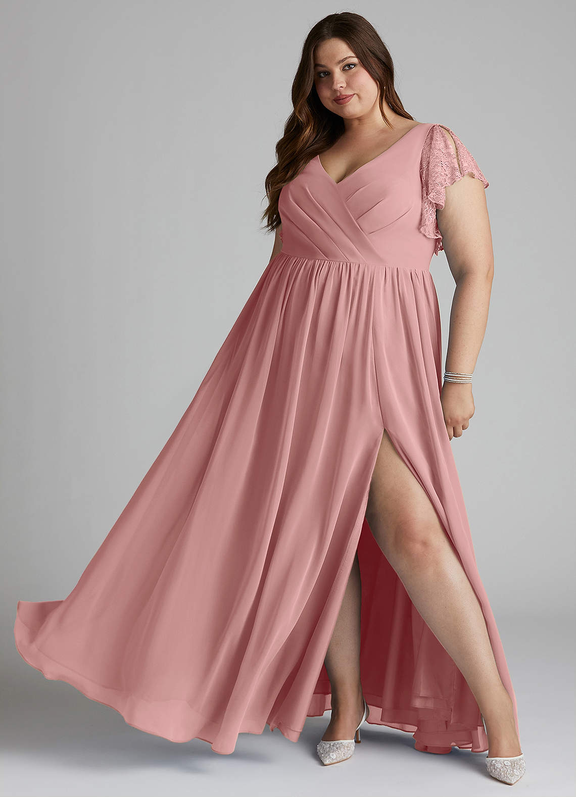 Azazie Zella Robes de demoiselle d'honneur Robe Trapèze en Mousseline de soie Dentelle Rose Poussiéreuse image1