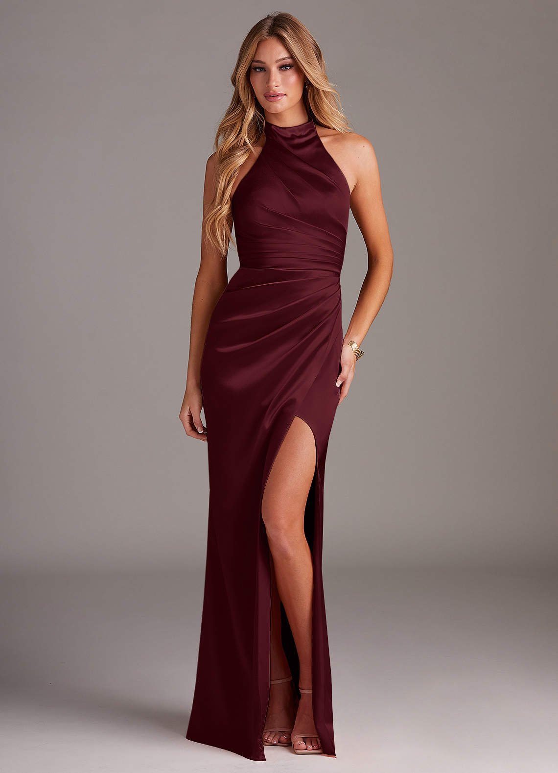Azazie Jemma Bridesmaid Dresses Cabernet Sheath Pleated Stretch Satin Dress image3