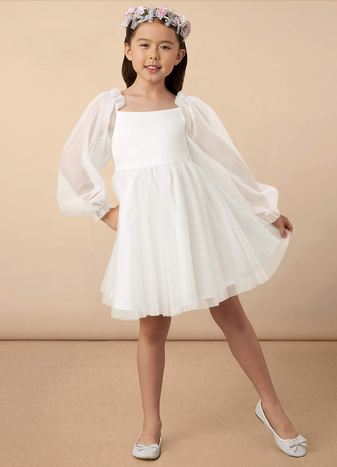Azazie Aya Flower Girl Dresses Ivory A-Line with Sleeves Tulle Dress image1