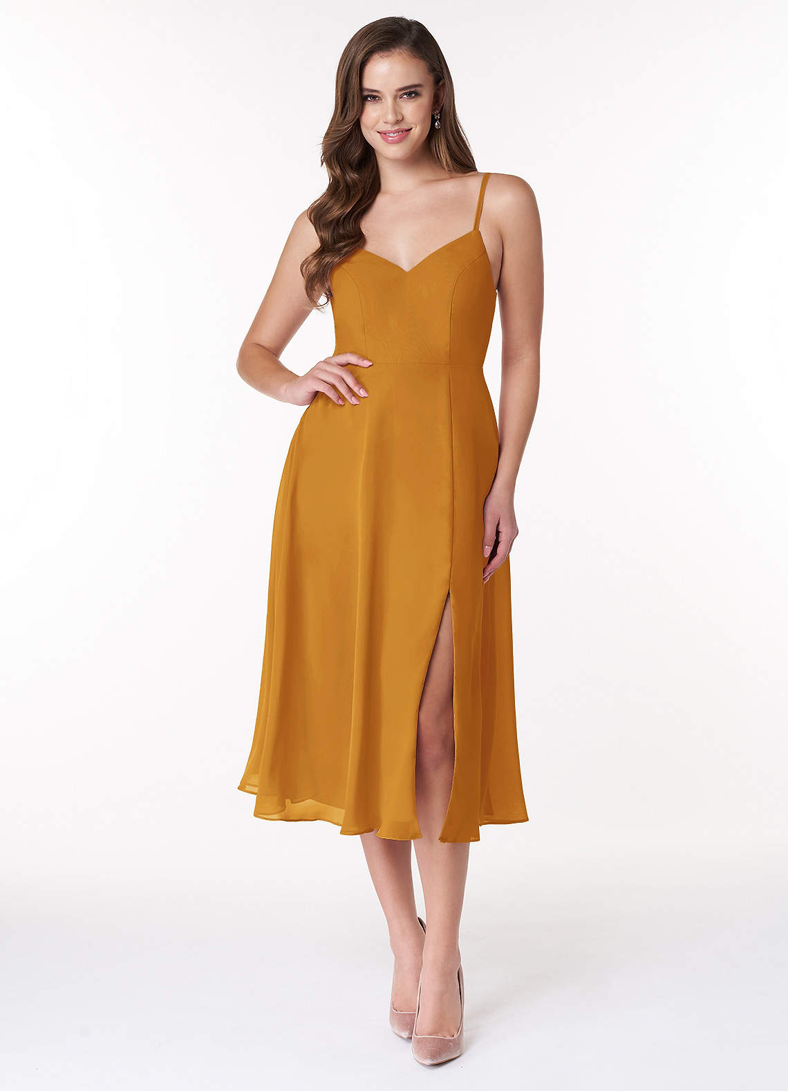 Yellow Chiffon Tea Length Dresses