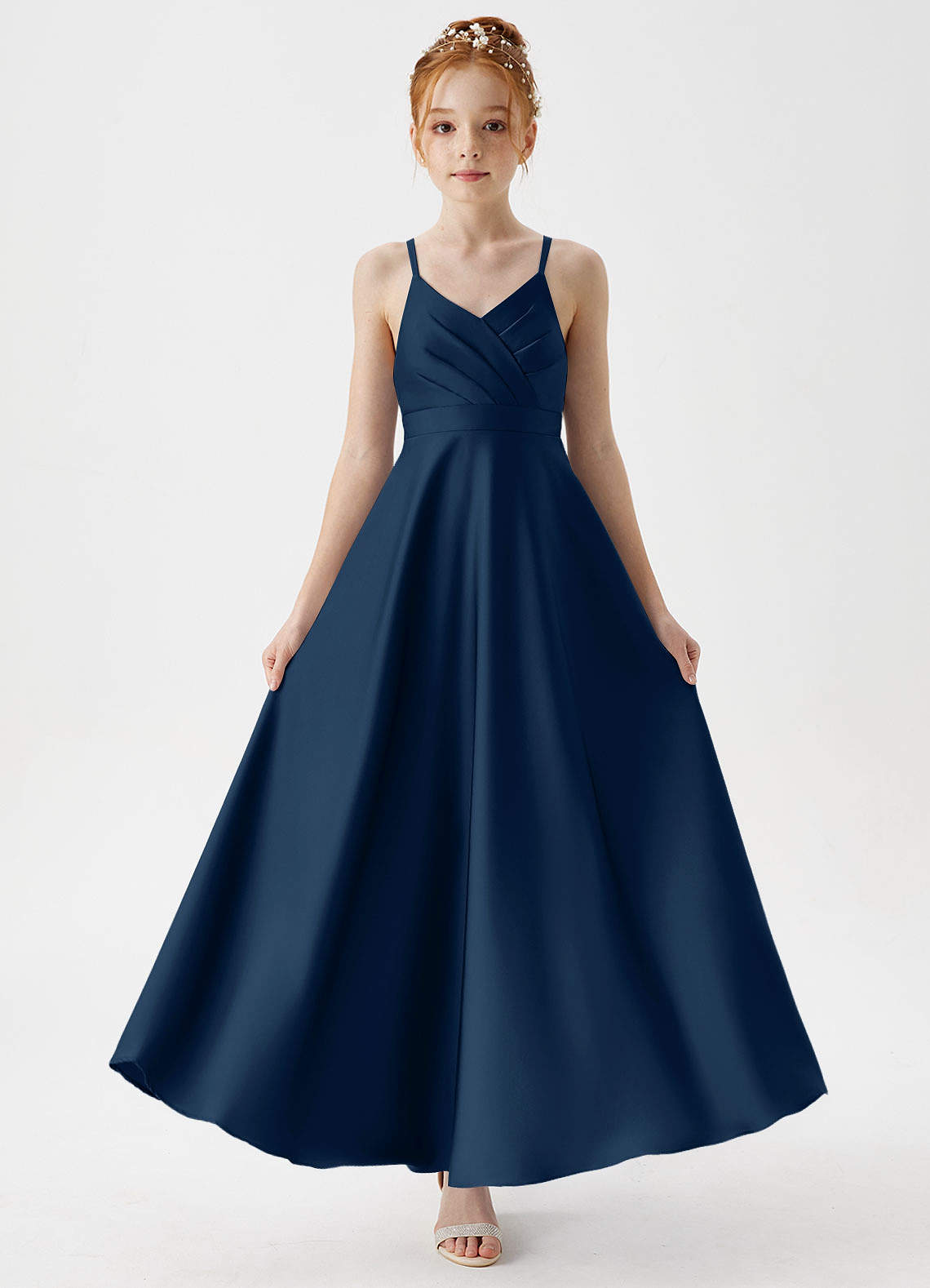 Azazie A-Line/Princess V-Neck Floor-Length Stretch Satin Junior Bridesmaid Dresses - Dark Navy Azazie A-Line/Princess V-Neck Floor-Length Stretch Satin Junior Bridesmaid Dresses - Dark Navy