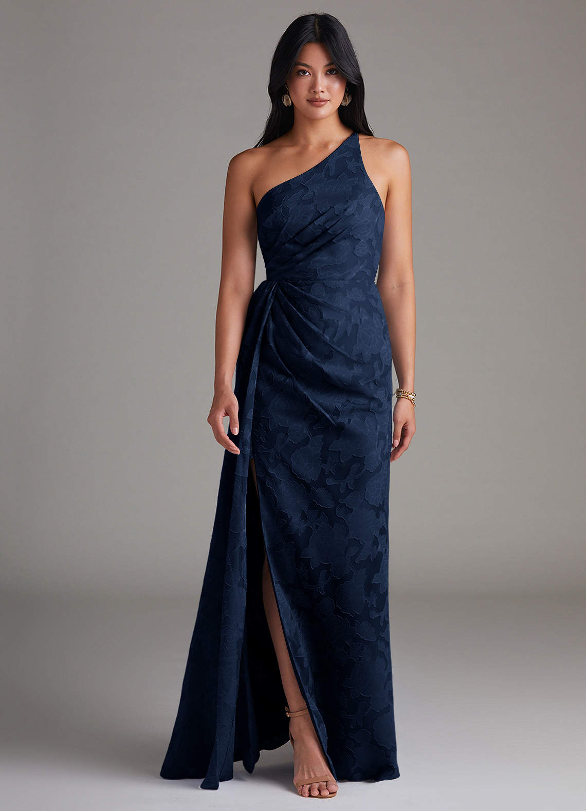 blue halter neck prom dress MissJophiel Strapless Floral Navy Floral Tiered Midi Evening Gown Navy Floral / Above Knee / US8 main image 1