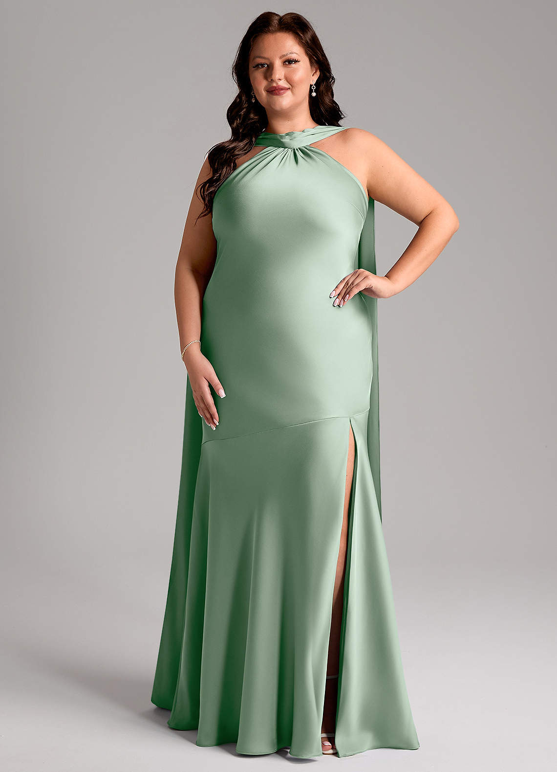 Azazie Kinsley Bridesmaid Dresses Agave Mermaid Side Slit Stretch Satin Dress image1