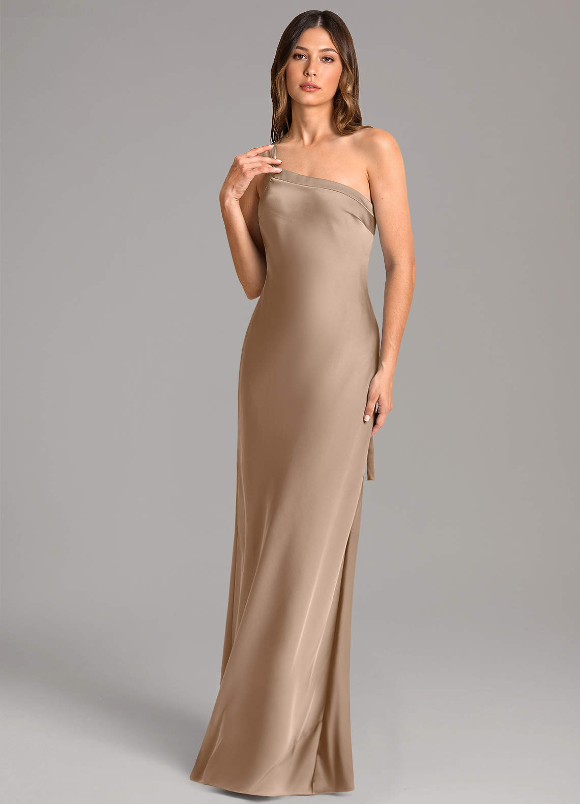 Azazie Monroe Bridesmaid Dresses Taupe Mermaid One Shoulder Stretch Satin Dress image1