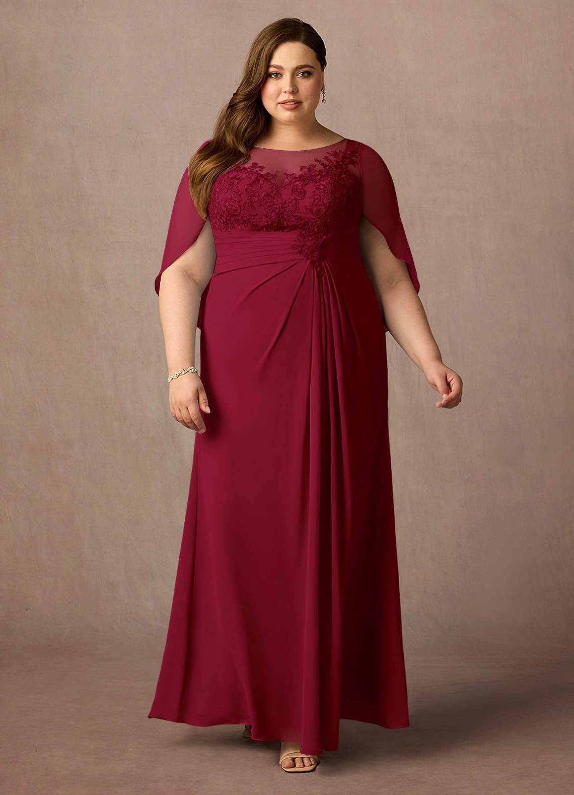 Azazie Hera vestidos de madre de la novia Vestido de Borgoña de Gasa de Corte En A con Capa de encaje image5