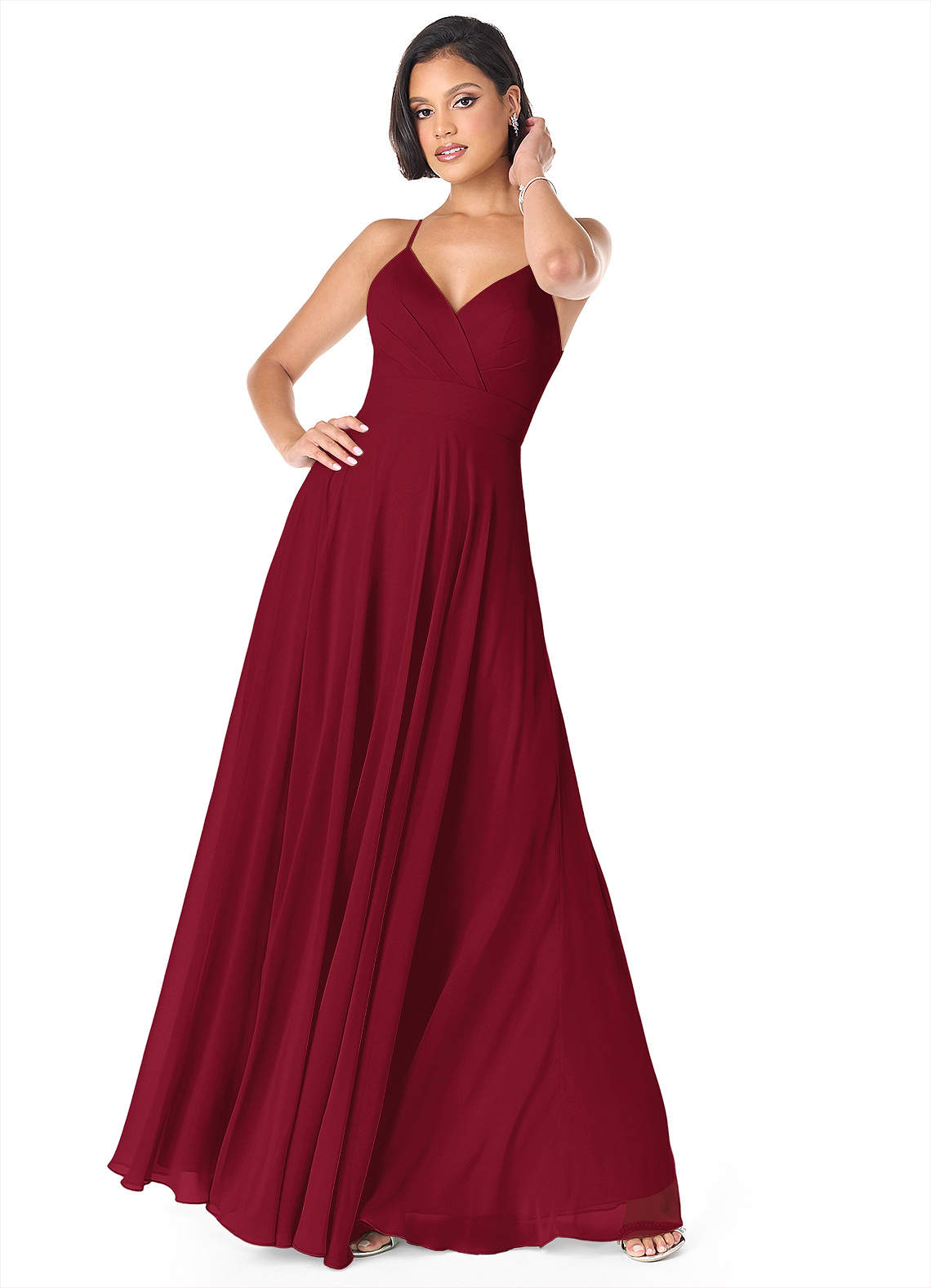Azazie Avelina Bridesmaid Dresses Burgundy A-Line V-Neck Pleated Chiffon Dress image1