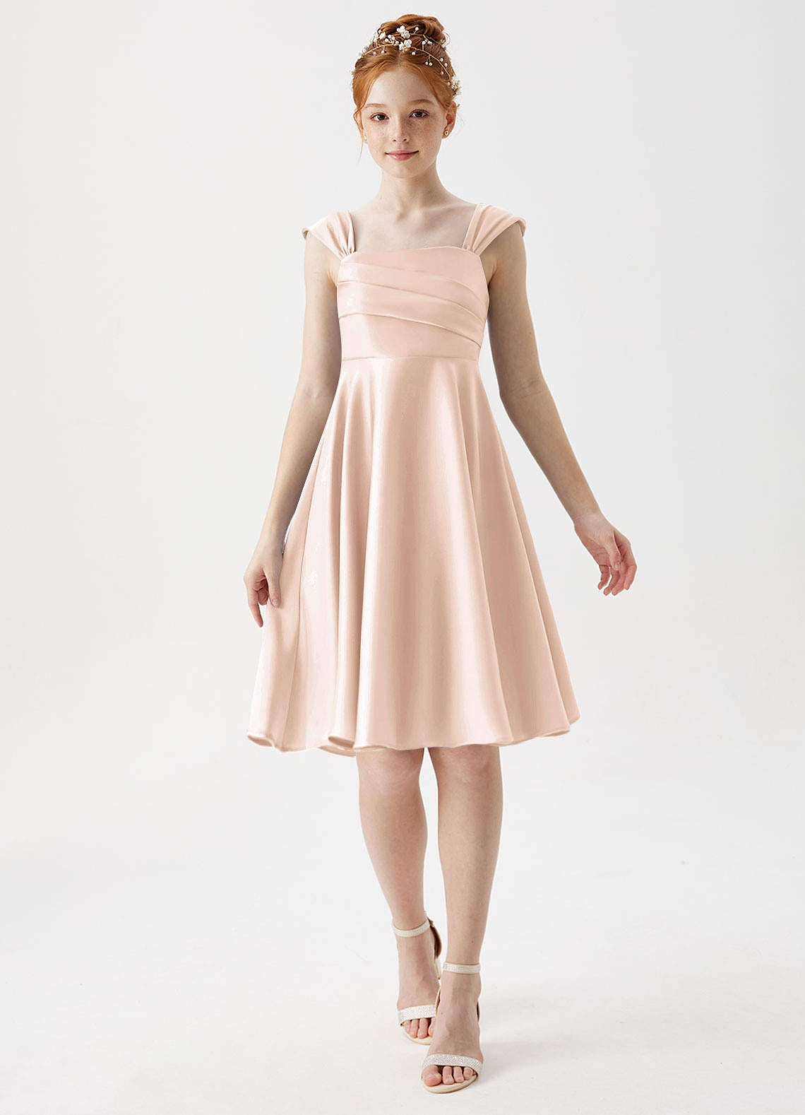 Azazie Amira Junior A-Linie Plissee Stretch-Satin Kleid Zartrosa image1