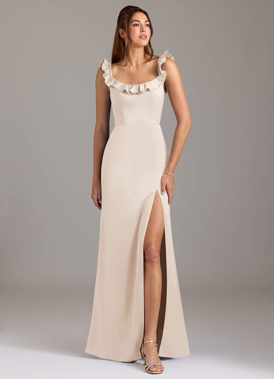 Azazie Callie Bridesmaid Dresses White Alabaster A-Line Ruched Stretch Satin Convertible Dress image1
