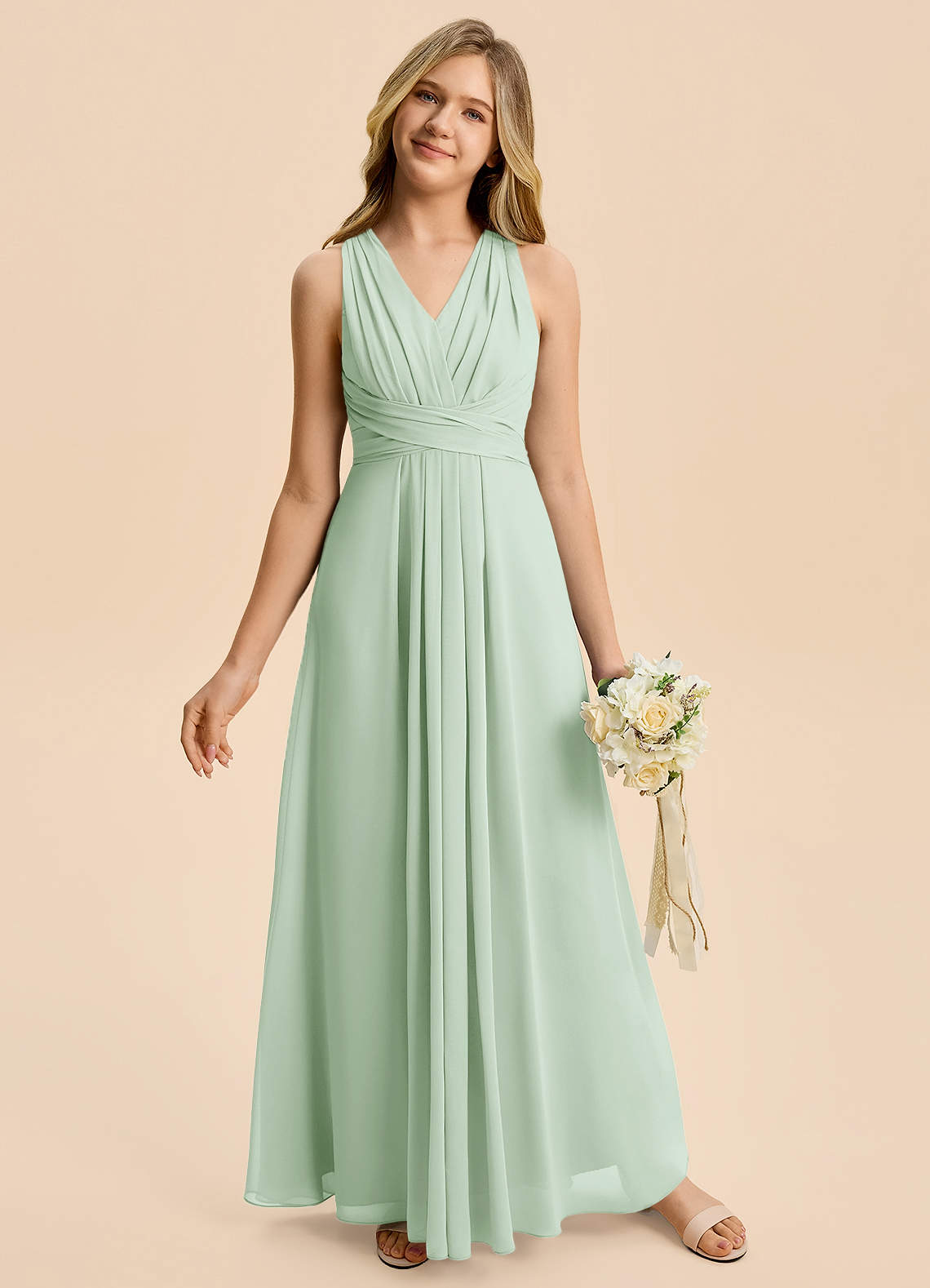 Azazie Kirsten Junior A-Line Plisseret Chiffon Gulv-længde Junior brudepige Kjole image3