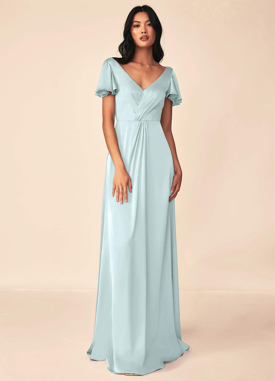 Azazie Soren Vestidos de damas de honor Vestido de Vidrio Marino de Satén Elástico de Corte en A con Plisado image1
