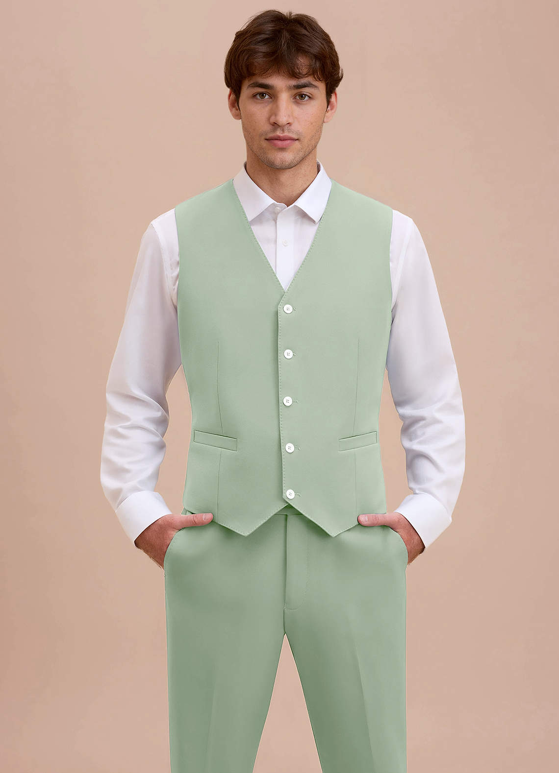 front Ethan Stoffige Salie Verfijnd geweven pakvest