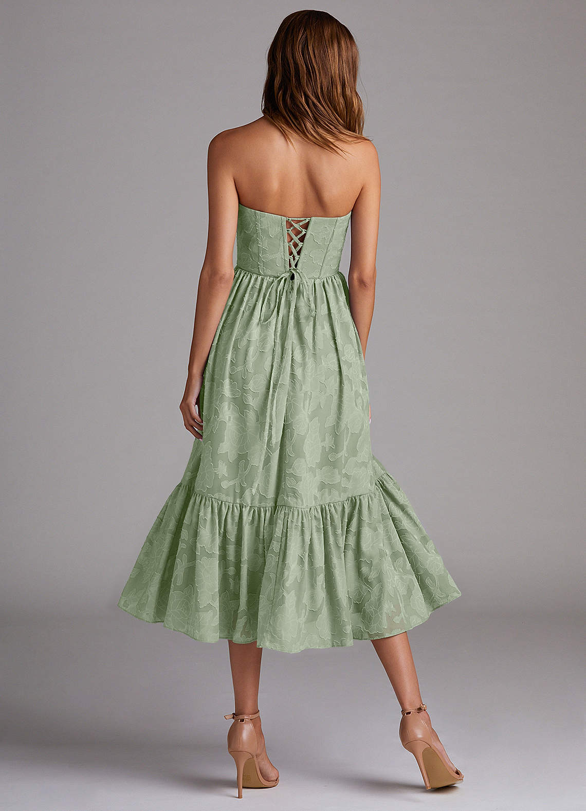 Azazie Delphina Brautjungfernkleider Wandelbar A-Linie Schulterfrei Blumen-Burnout Kleid Staubiger Salbeigrün image2