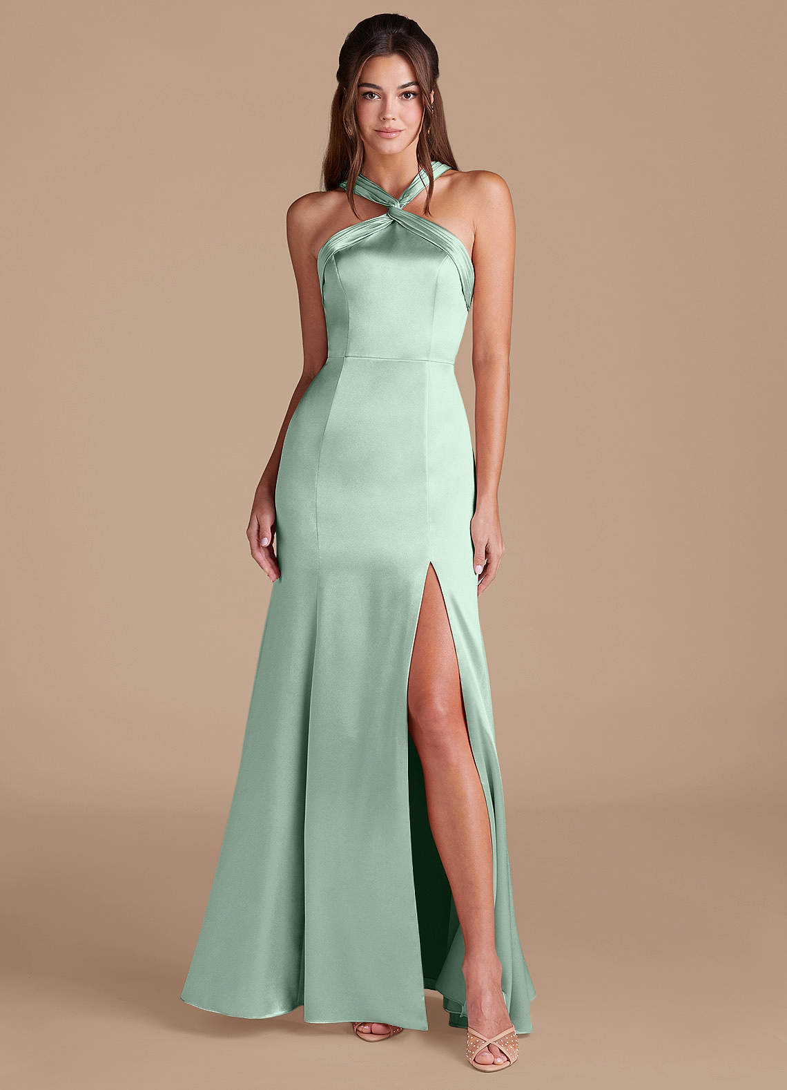 Azazie Mermaid Halter Neck Floor-Length Metallic Satin Bridesmaid Dresses - Agave
