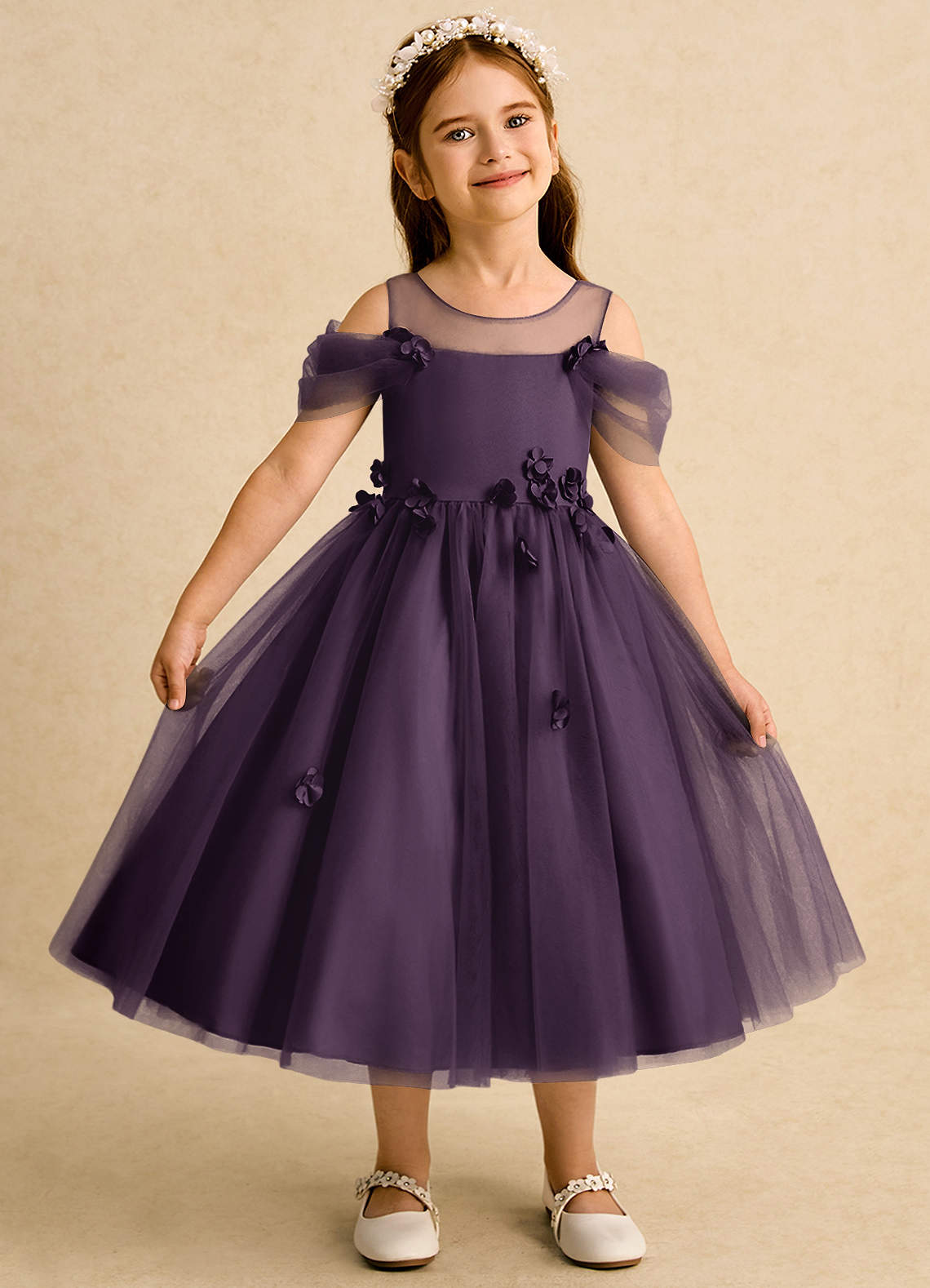 Azazie Juni Flower Girl Dresses Plum Ball-Gown Pleated Tulle Dress image1