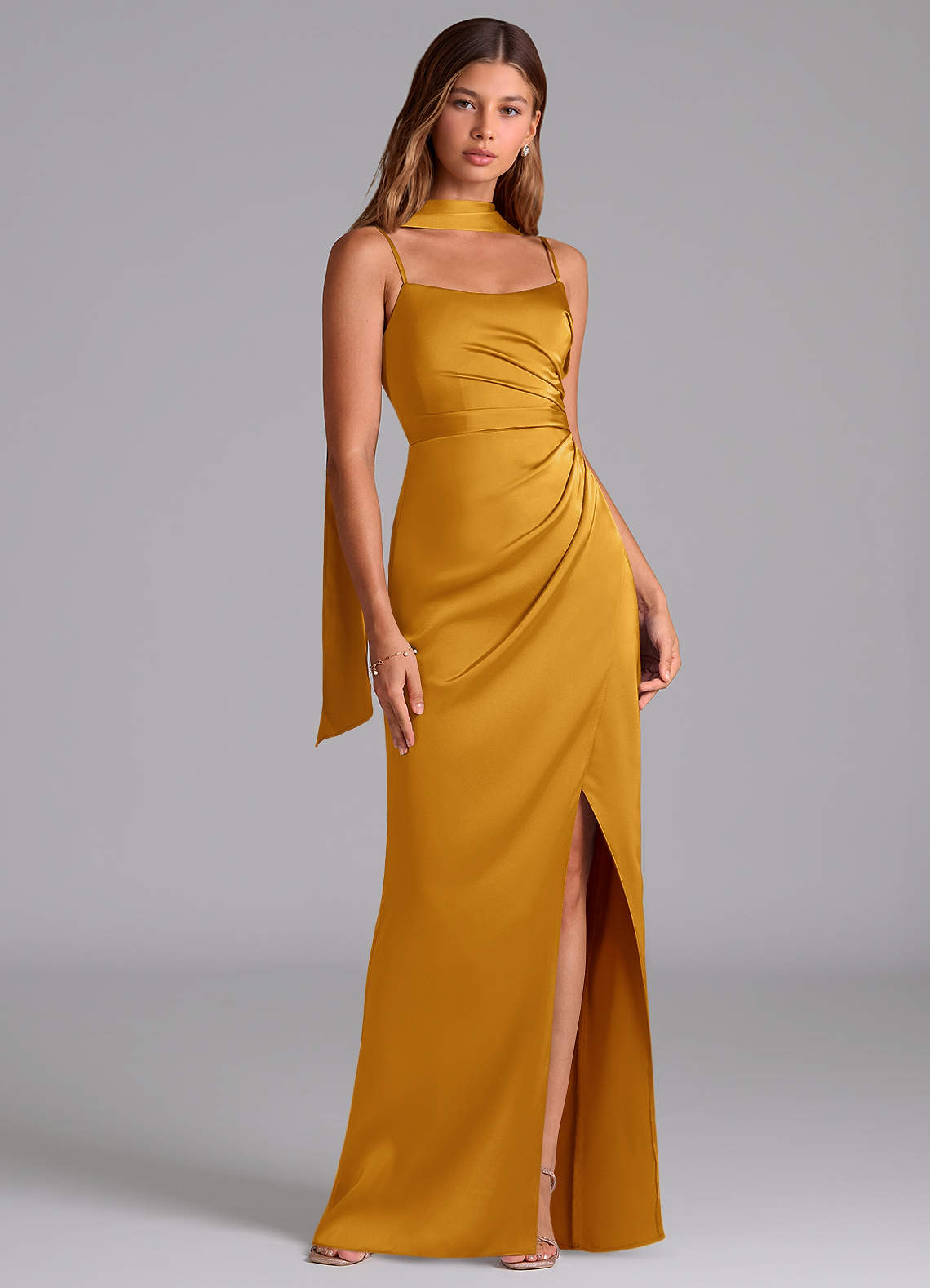 Azazie Calandra Brudepigekjoler En streg Plisseret Stræk satin Gulv-længde Kjole image1