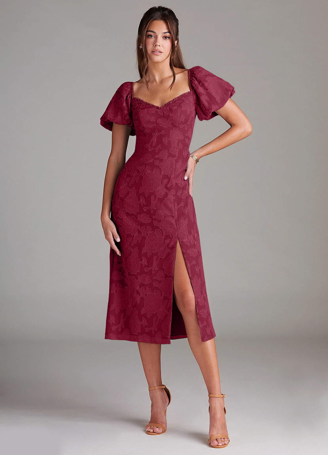 Azazie Evalina Bridesmaid Dresses Burgundy Sheath Floral Burnout Dress image1