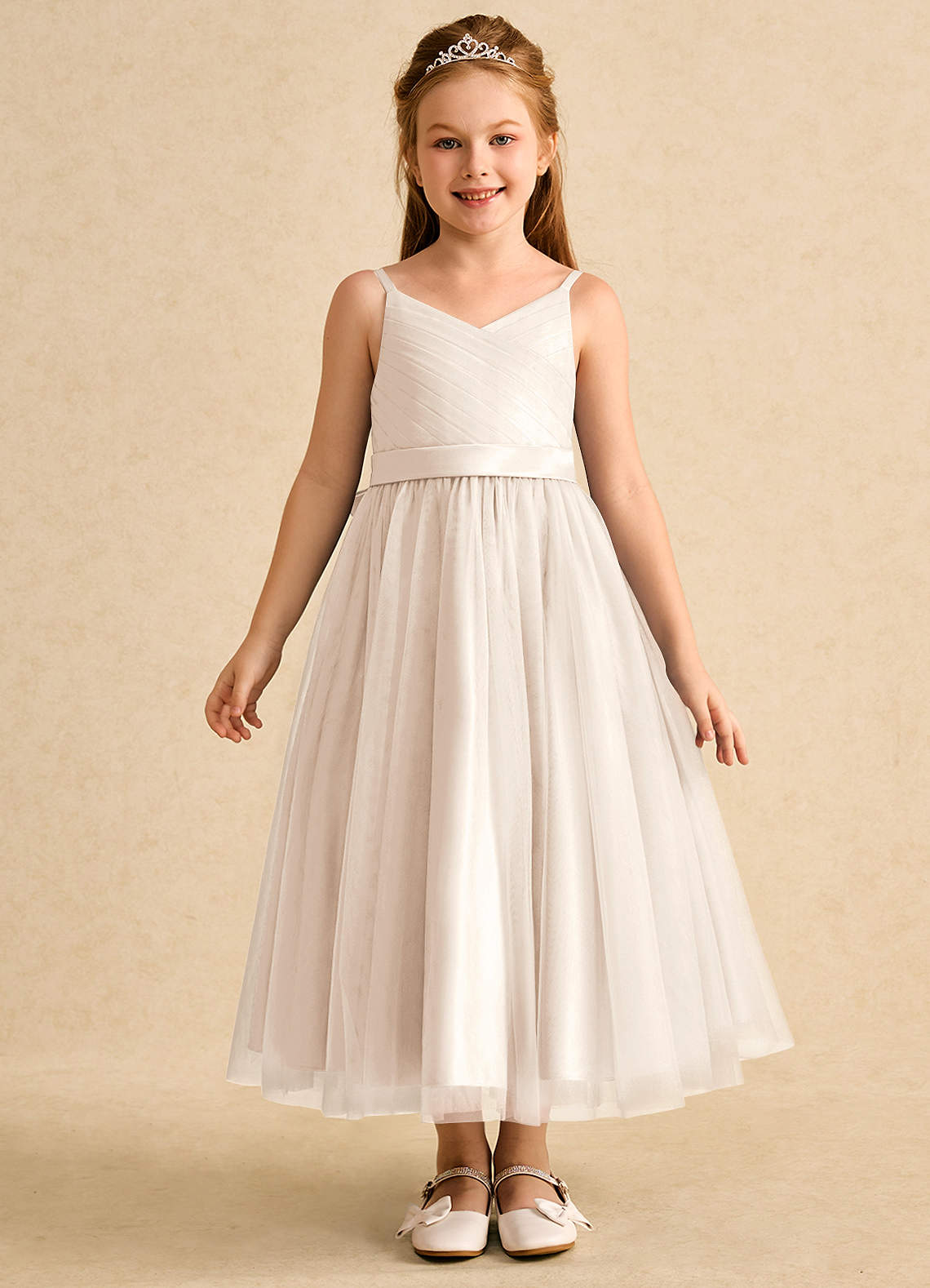 Azazie Patootie vestidos de niña de las flores Vestido de Alabastro Blanco de Tul de Corte En A con Tirante Espagueti image1