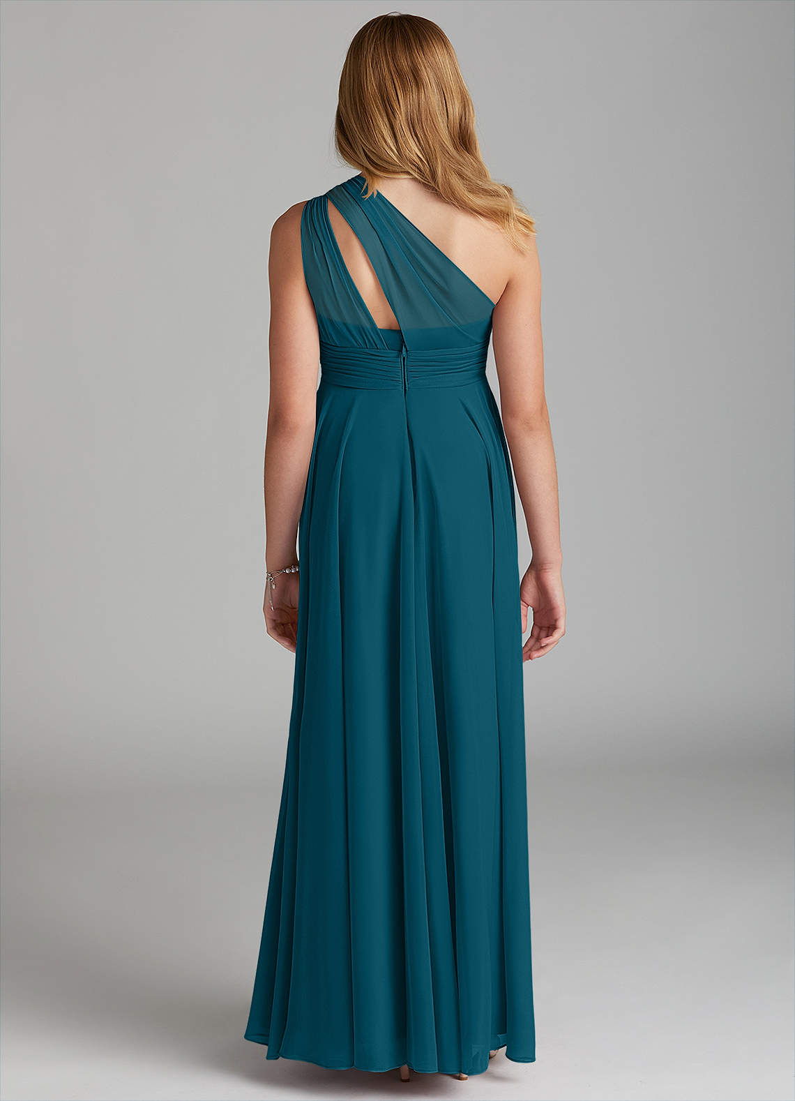 Azazie Charlize Junior Ink Blue A-Line Mesh Dress image1