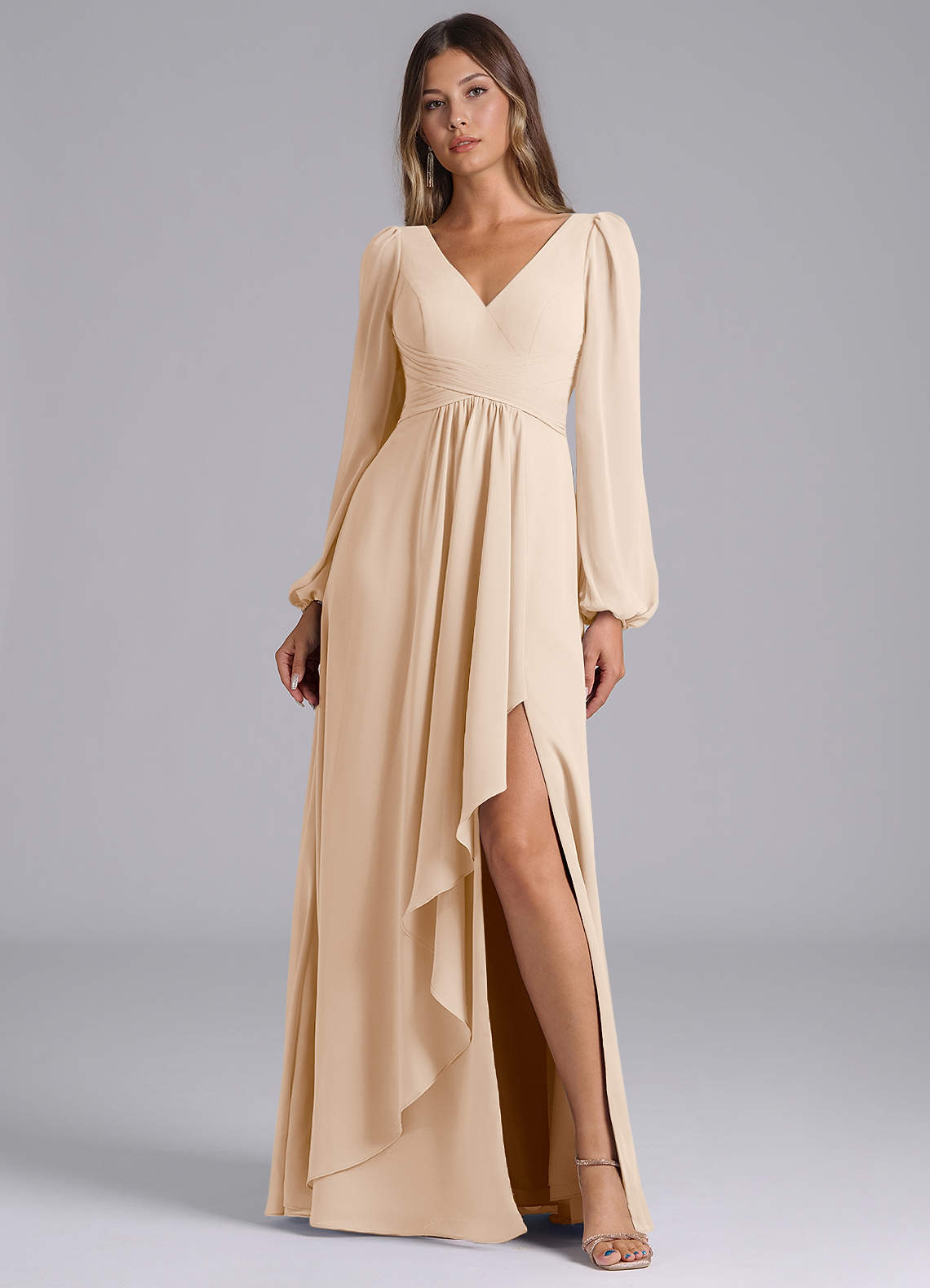 Azazie Omari Bridesmaid Dresses White Alabaster A-Line Long Sleeve Chiffon Dress image1