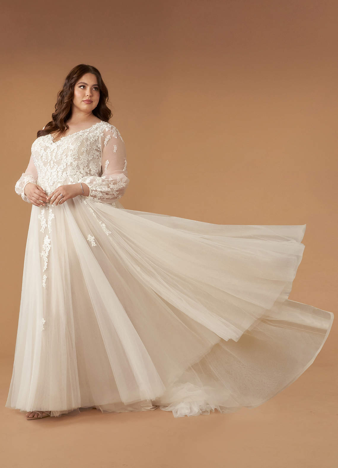 Azazie 2025 Plus Size A-Line Boho Diamond White/Nude Wedding Dress Lace Chapel Train Lace V-Neck 3D Florals Azazie Anadia Diamond White Nude A-Line V-Neck Tulle Dress | Azazie