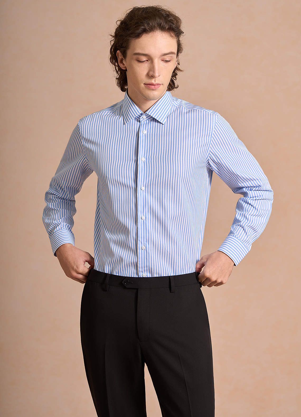 front Aiden White Pale Blue 100% Cotton Non-Iron Striped Dress Shirt