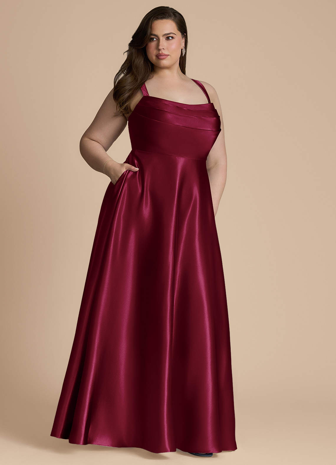 Azazie Shaude At-home Try On Dresses Burgundy A-Line Pleated Metallic Satin Dress image11