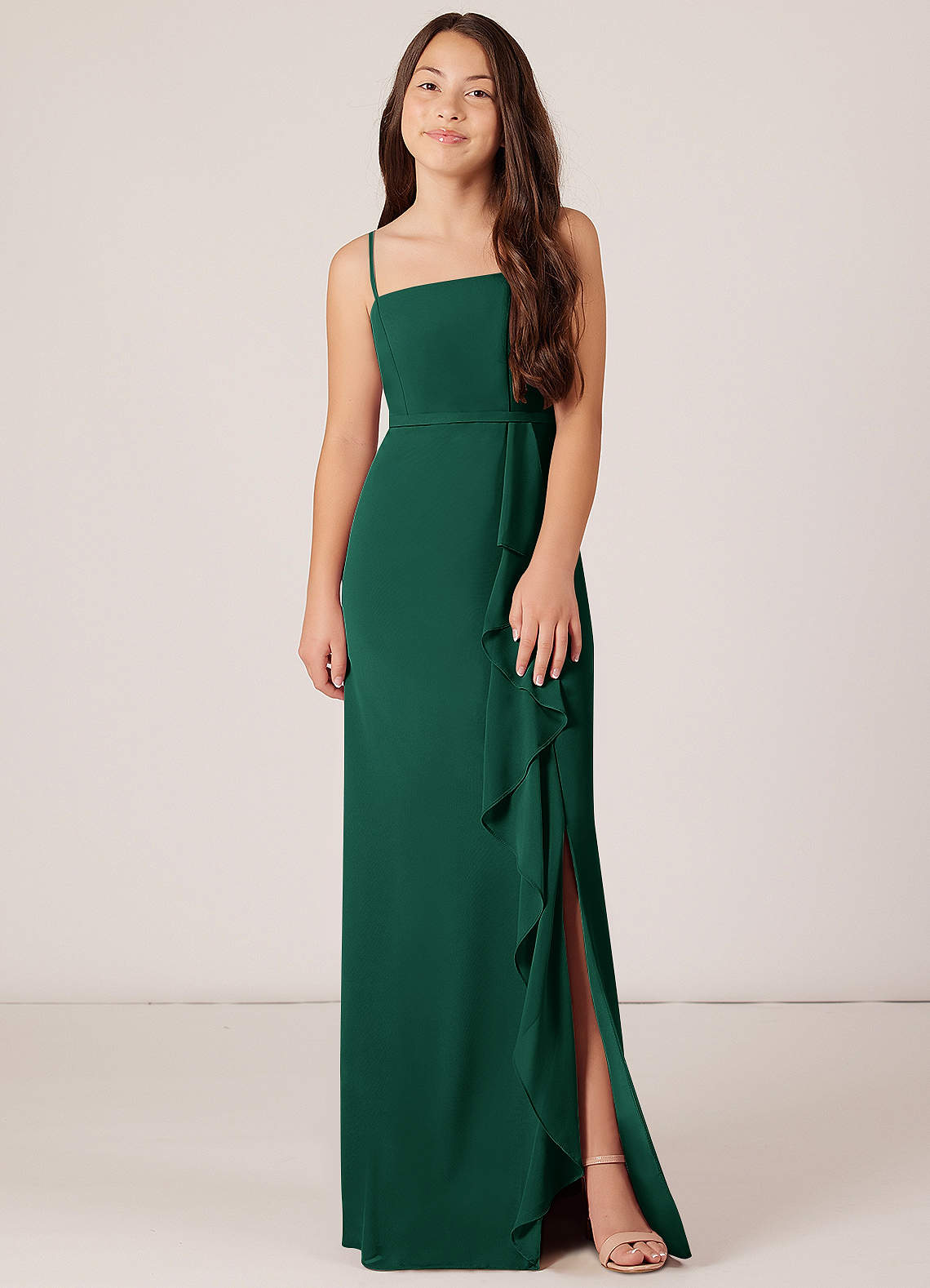 Azazie Kaylee Junior Emerald A-Line with Belt Chiffon Dress image1